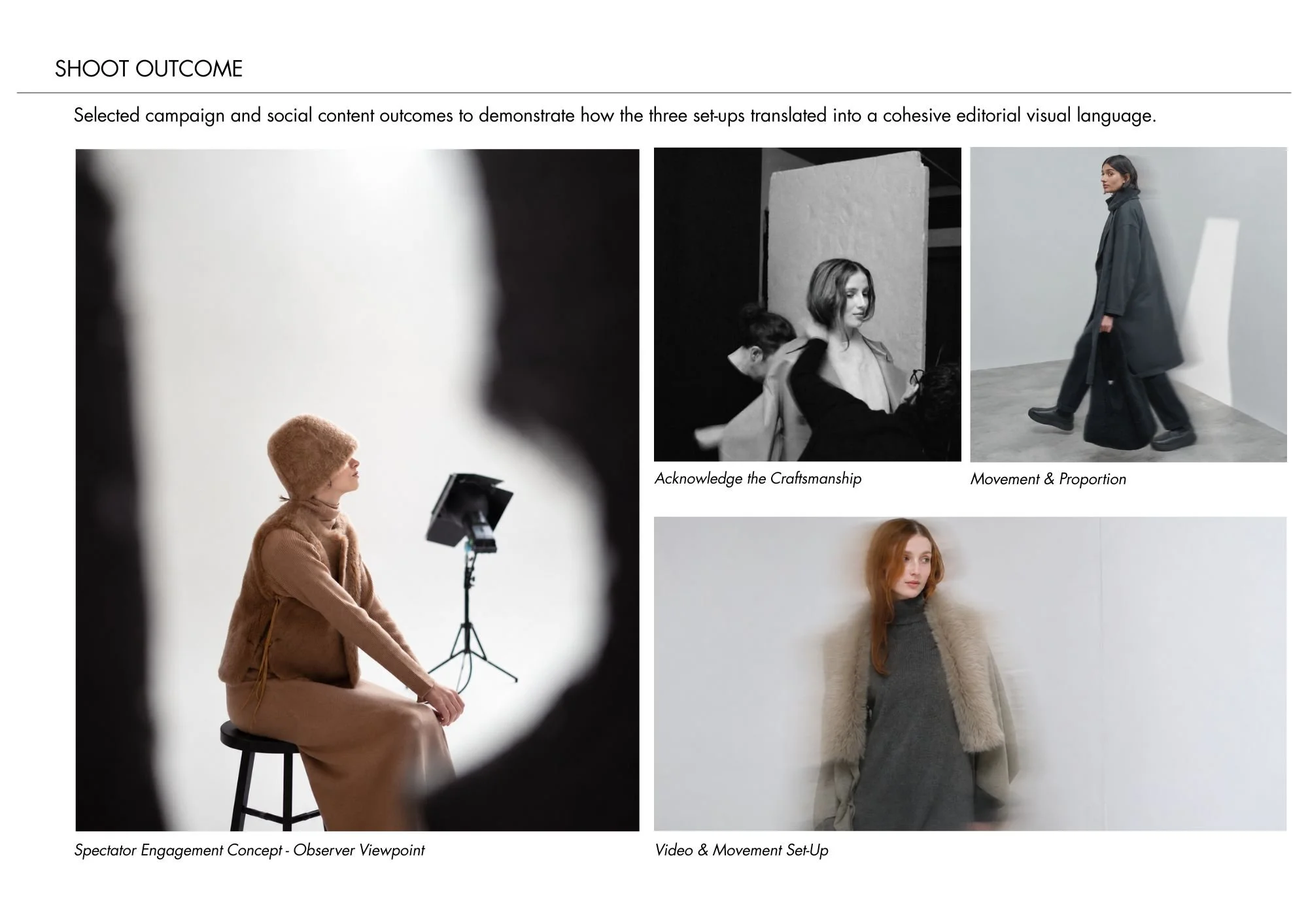 Black and white images showing different photography setups with models; first image shows a seated woman in a fur hat with a photography light in a studio, second shows a woman in a black dress in front of a large panel, and third shows a woman walk