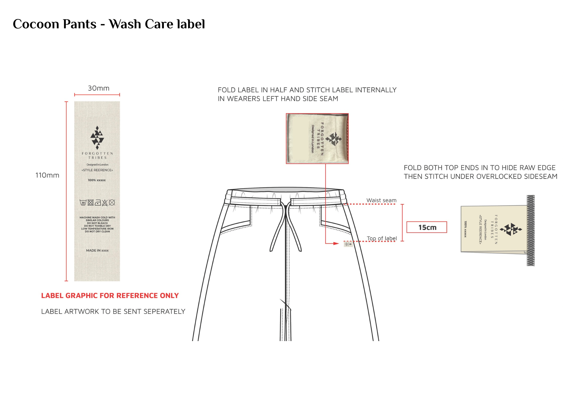 Technical illustration showing how to apply a wash care label to cocoon pants, including measurements and folding instructions.