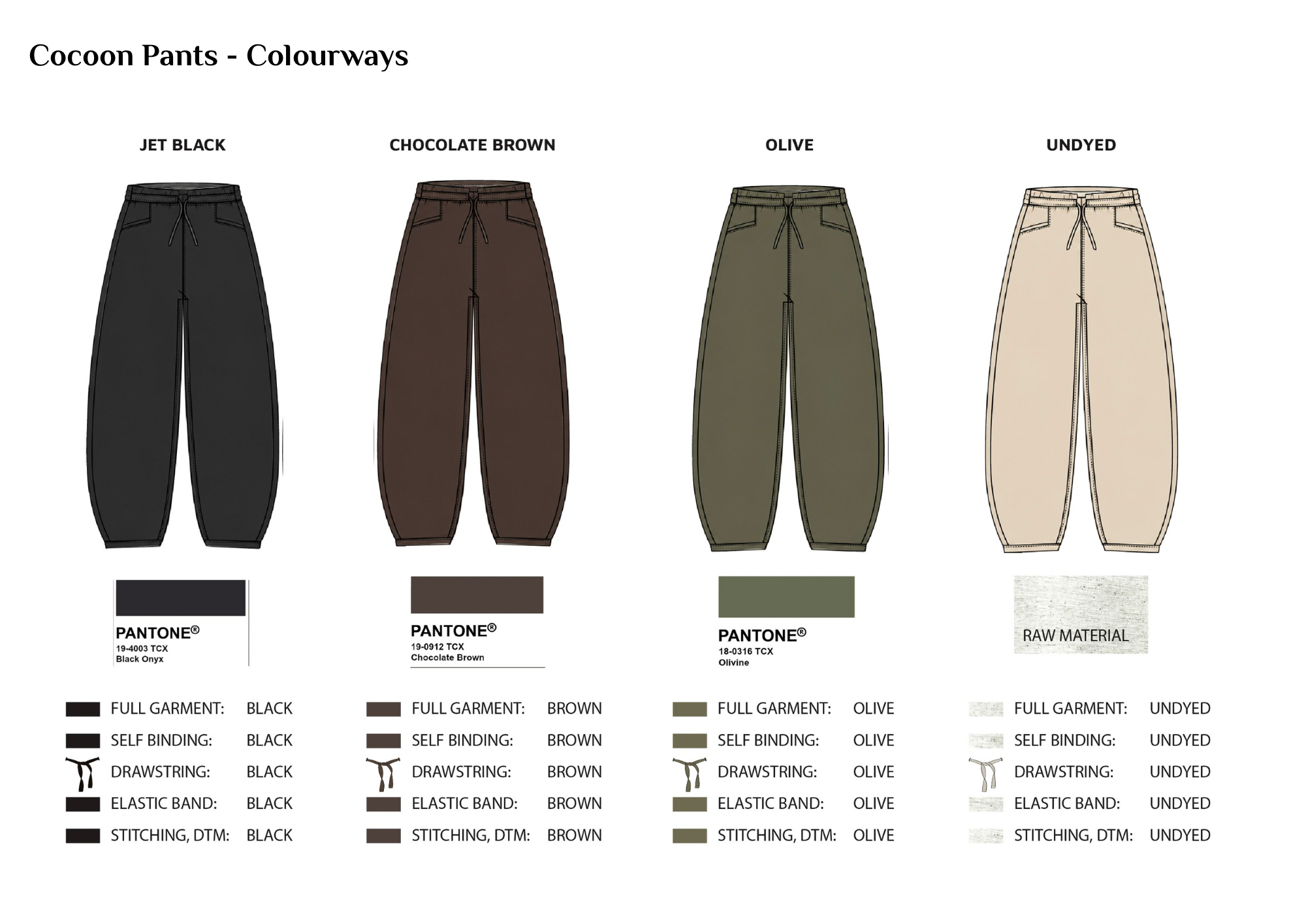 A color chart showing four pairs of wide-leg pants in black, brown, olive, and undyed raw material. Each pair is labeled with its color name and code, and includes detailed sewing and drawing instructions.