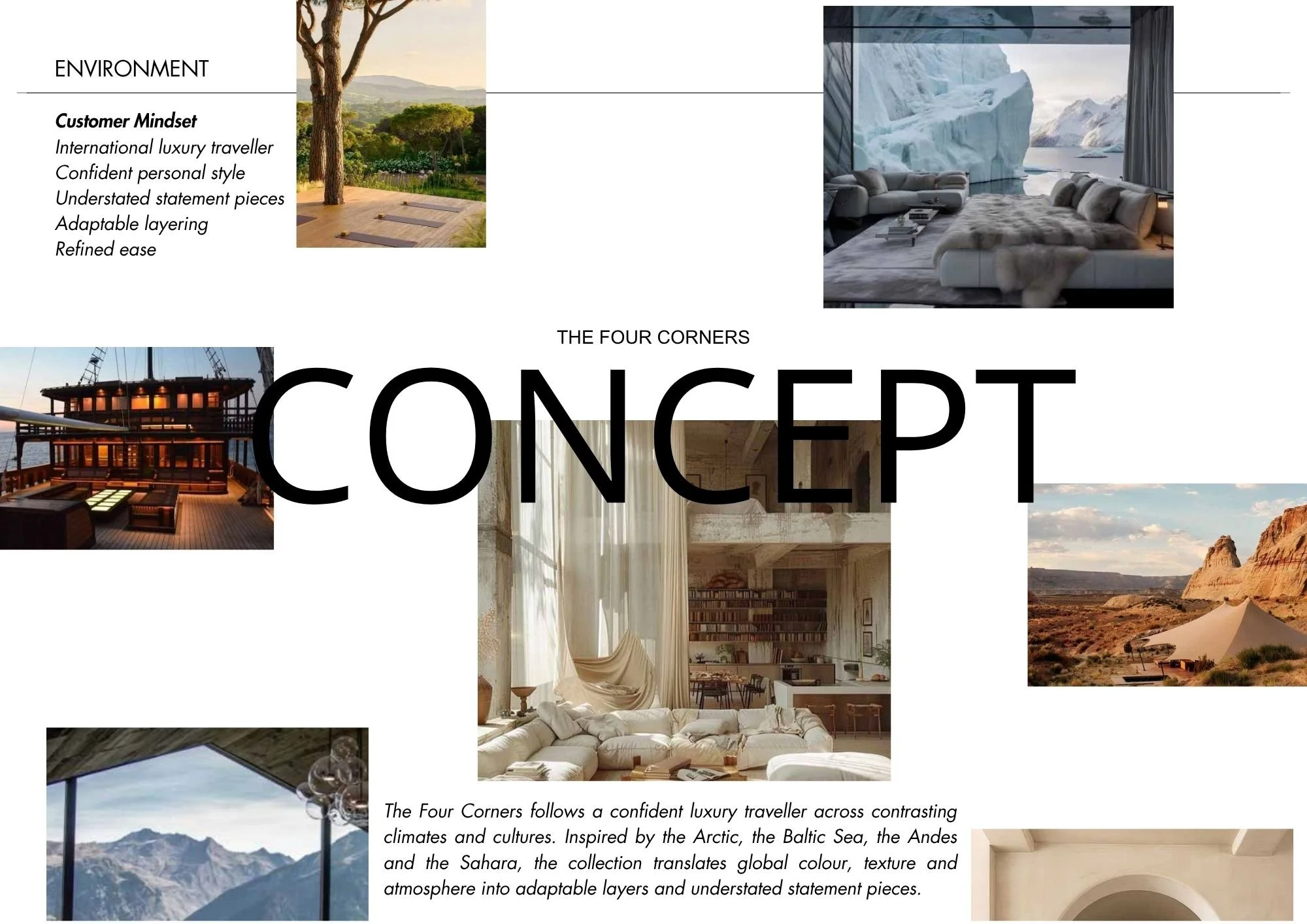 Compilation of images featuring luxury interior and exterior spaces, including a living room with iceberg view, an outdoor deck at sunset, and mountain landscapes.