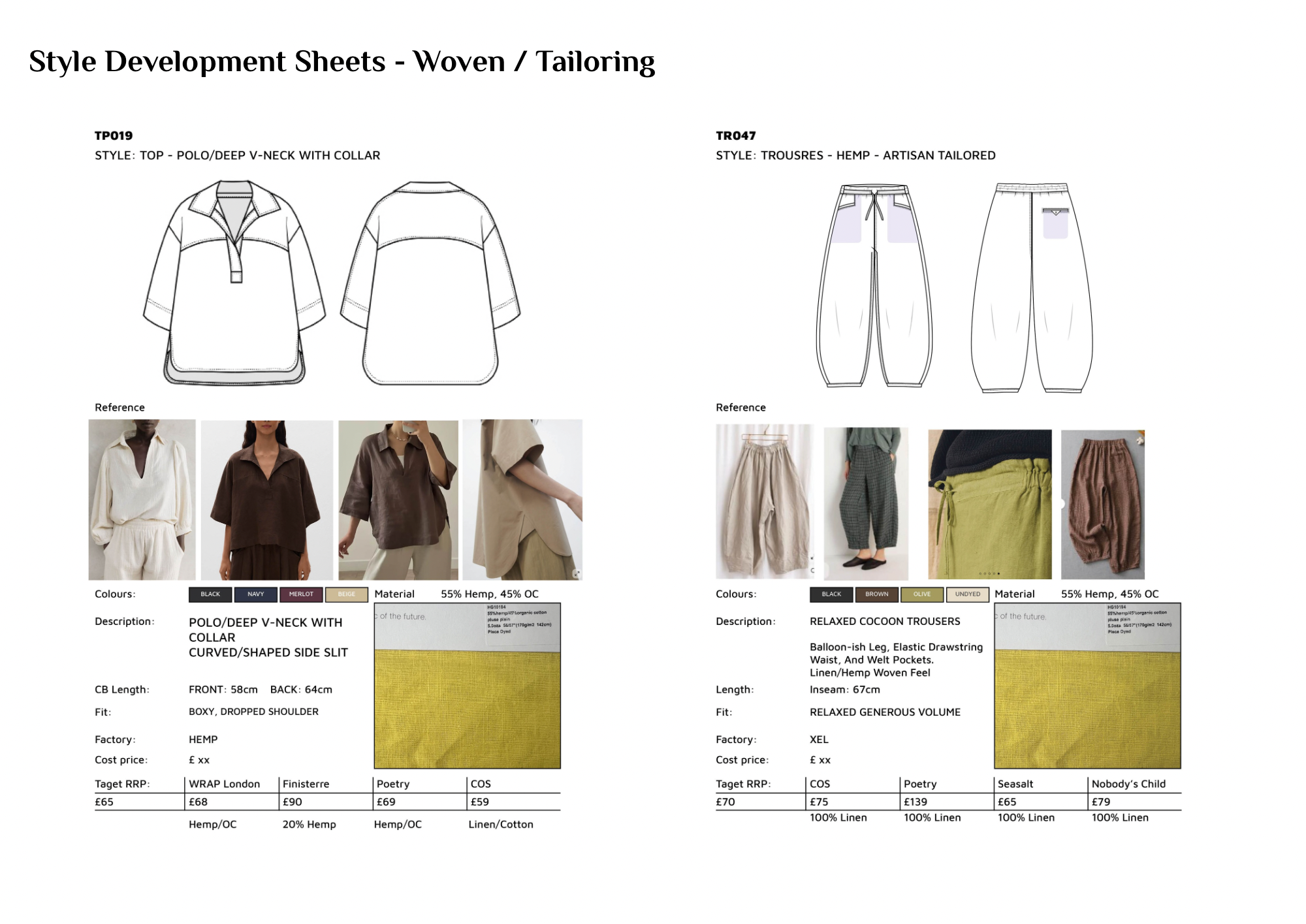 Style development sheets for woven/tailoring clothing with sketches and references of tops and trousers, including fabric details, measurements, and color options.