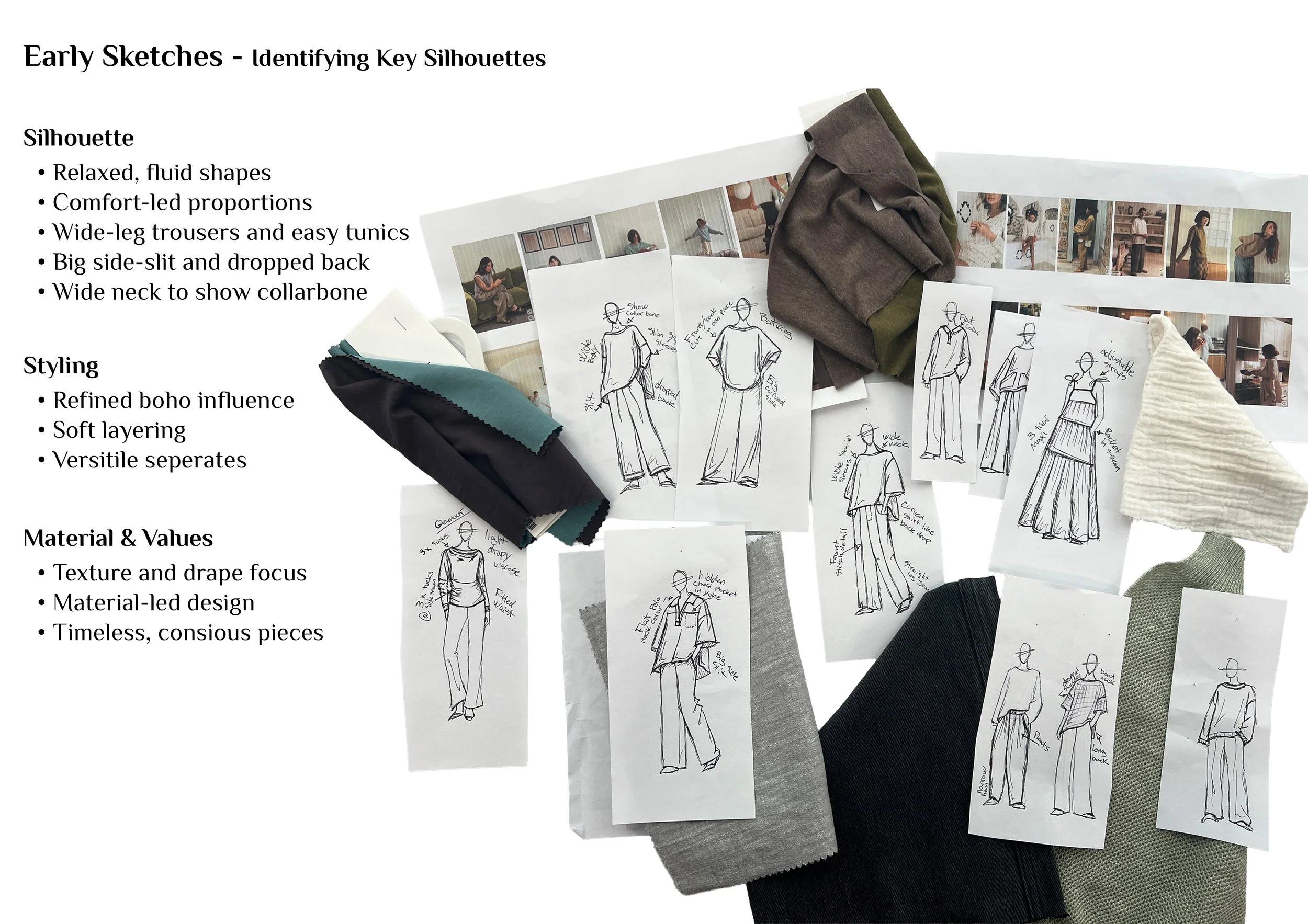 Sketches of clothing designs, fabric samples, and photographs of models wearing the designs, with notes and annotations on various fashion ideas.