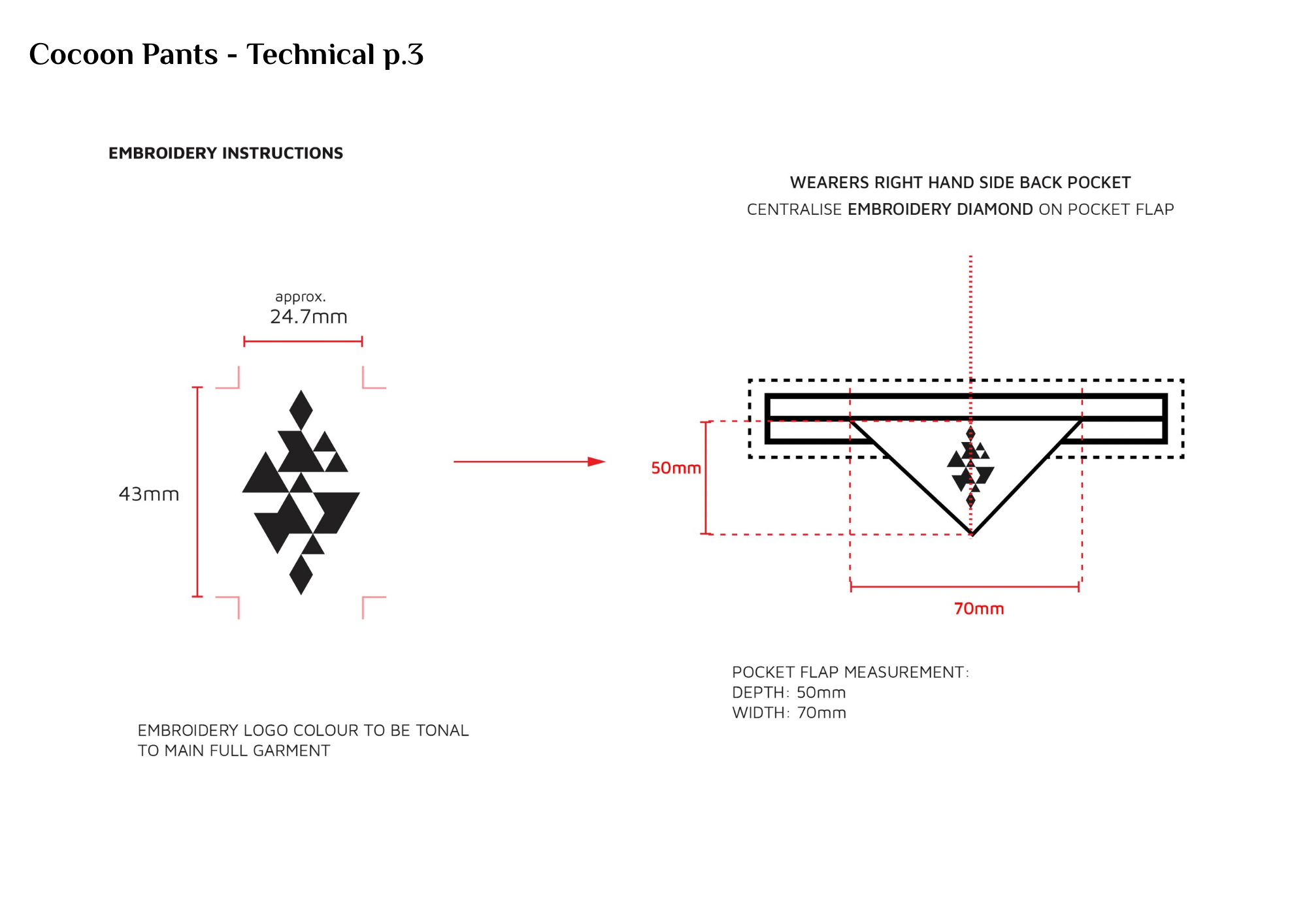 Technical diagram of embroidery design for Cocoon Pants, showing measurements for pocket flap and embroidery logo placement.