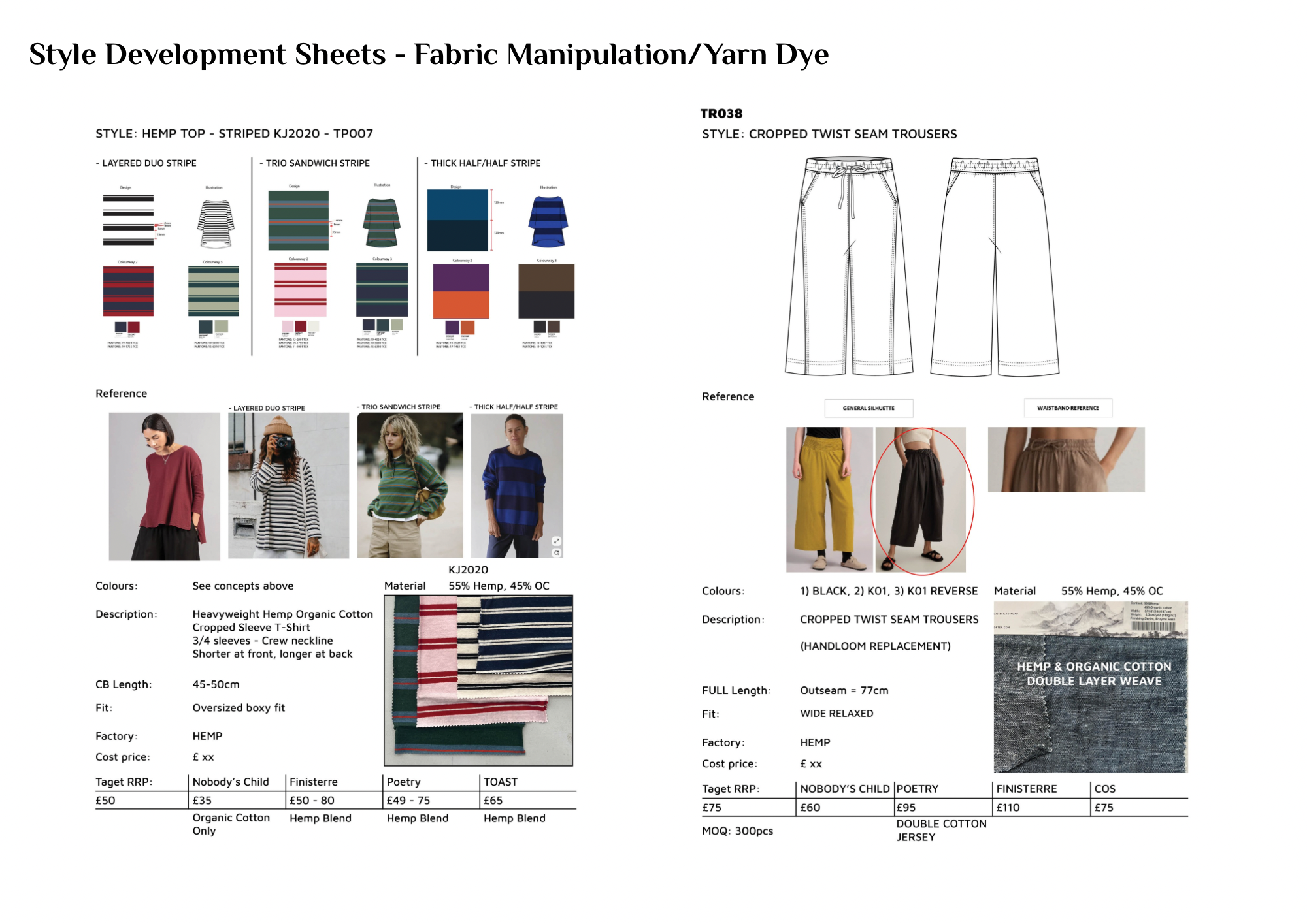 A detailed seam and style development sheet for fabric manipulation and garment design, including fabric samples, technical sketches of trousers, and references for fabric and clothing styles.