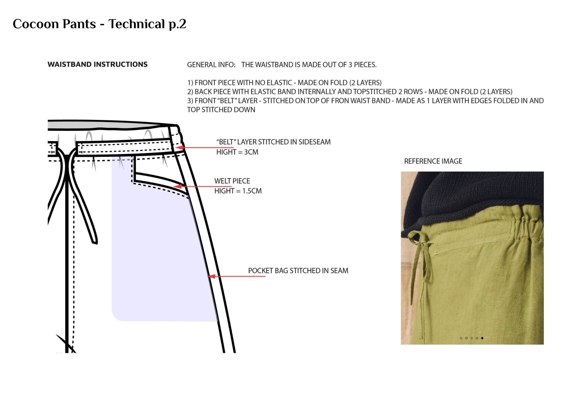 Technical diagram showing the construction and components of cocoon pants, including instructions for the waistband, pocket bag, and belt layers, with a reference image of the pants on the right.