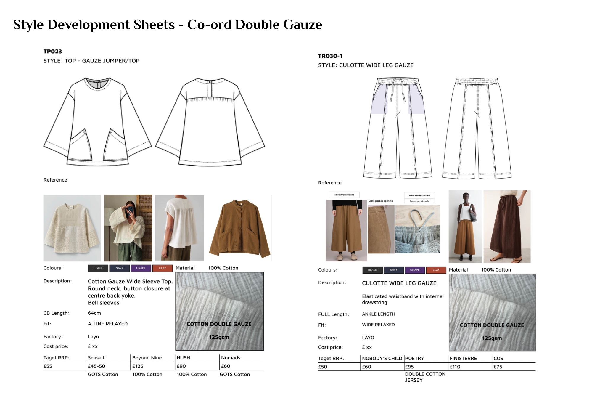 A fashion design sheet with technical sketches and photographs of two clothing items. The left side shows a cotton gauze wide-sleeve top with a round neck, button closure at the back, and bell sleeves. The right side shows a wide-leg gauze culotte wi