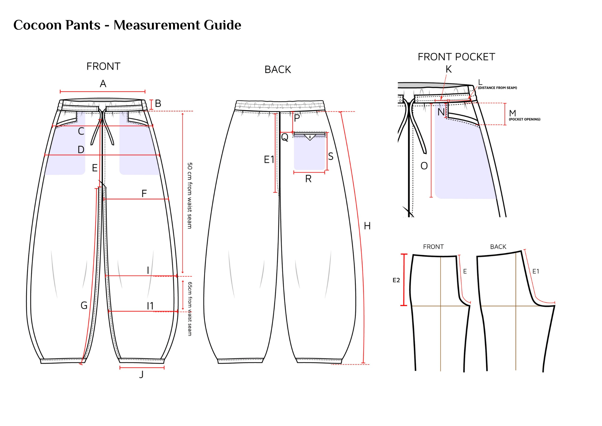 Diagram of cocoon pants with measurement labels and construction details for front, back, and side views.