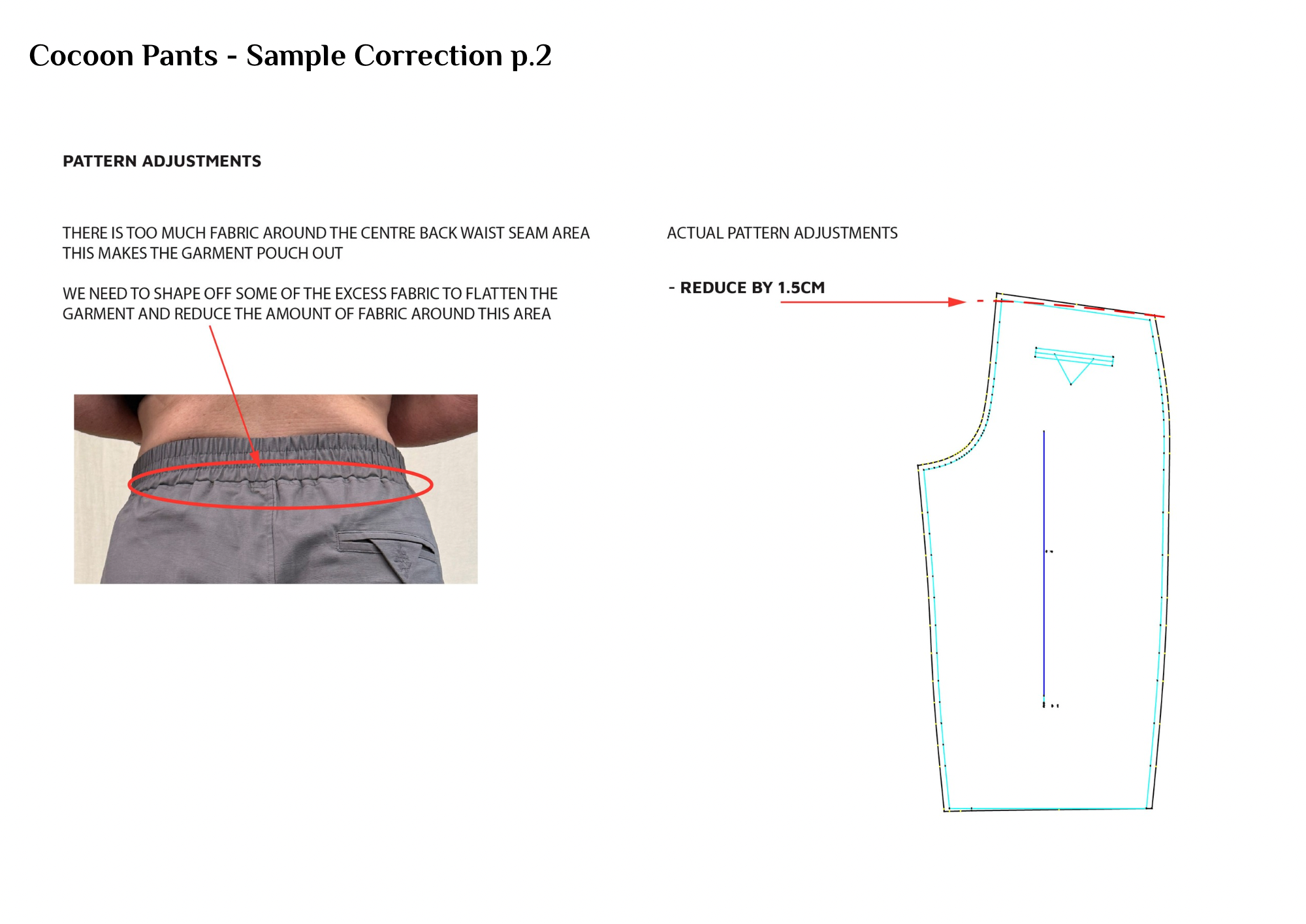 A sewing pattern with text instructions on pattern adjustments, showing a back view of gray cocoon pants with a red oval and annotation indicating excess fabric to be flattened, placed next to a technical pattern piece with dashed lines and a note to