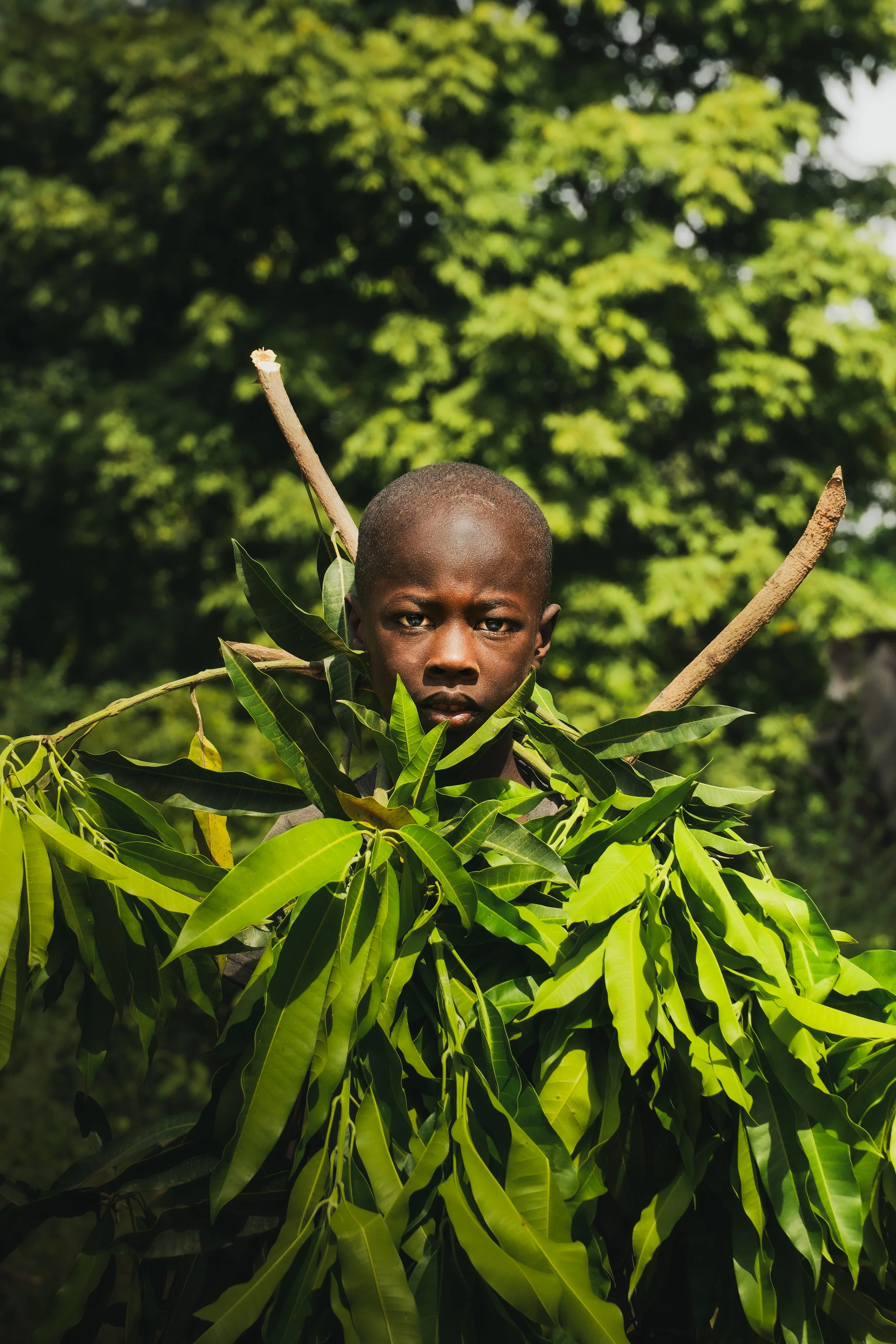 Un jeune garçon à la peau foncée et aux cheveux courts porte des branches et des feuilles vertes sur ses épaules, debout à l'extérieur avec en arrière-plan des arbres verdoyants.
