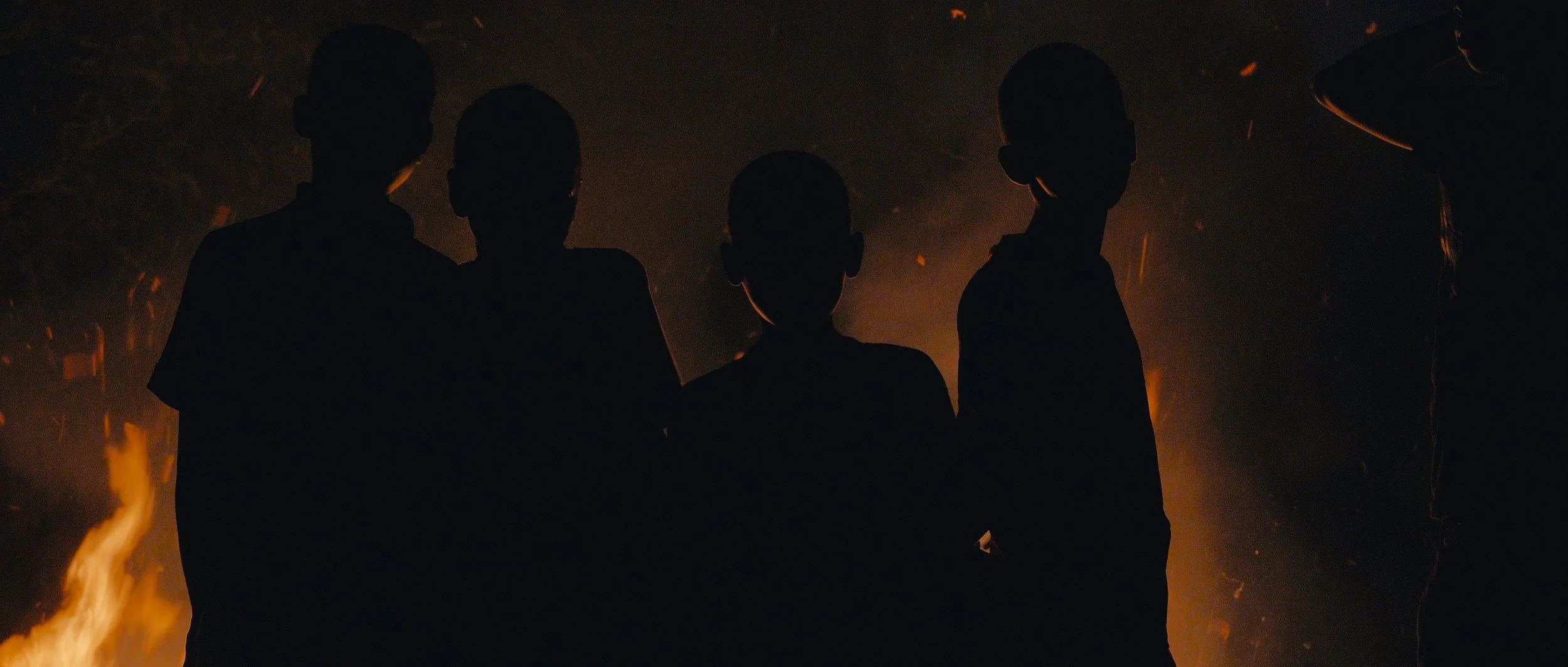 Silhouettes of five children standing near a campfire at night, with sparks and flames in the background.