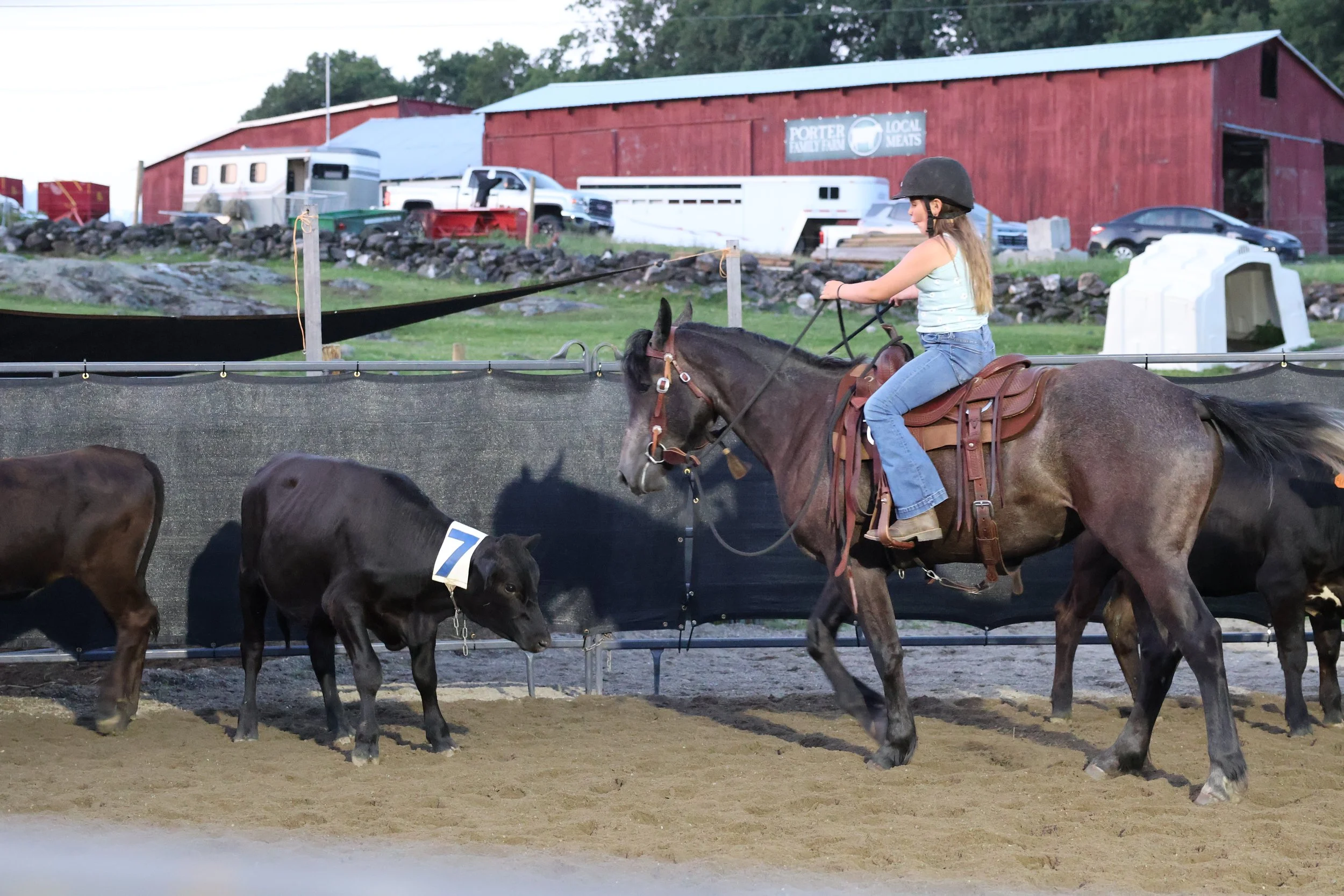 A girl riding a horse at a farm with a red barn in the background.