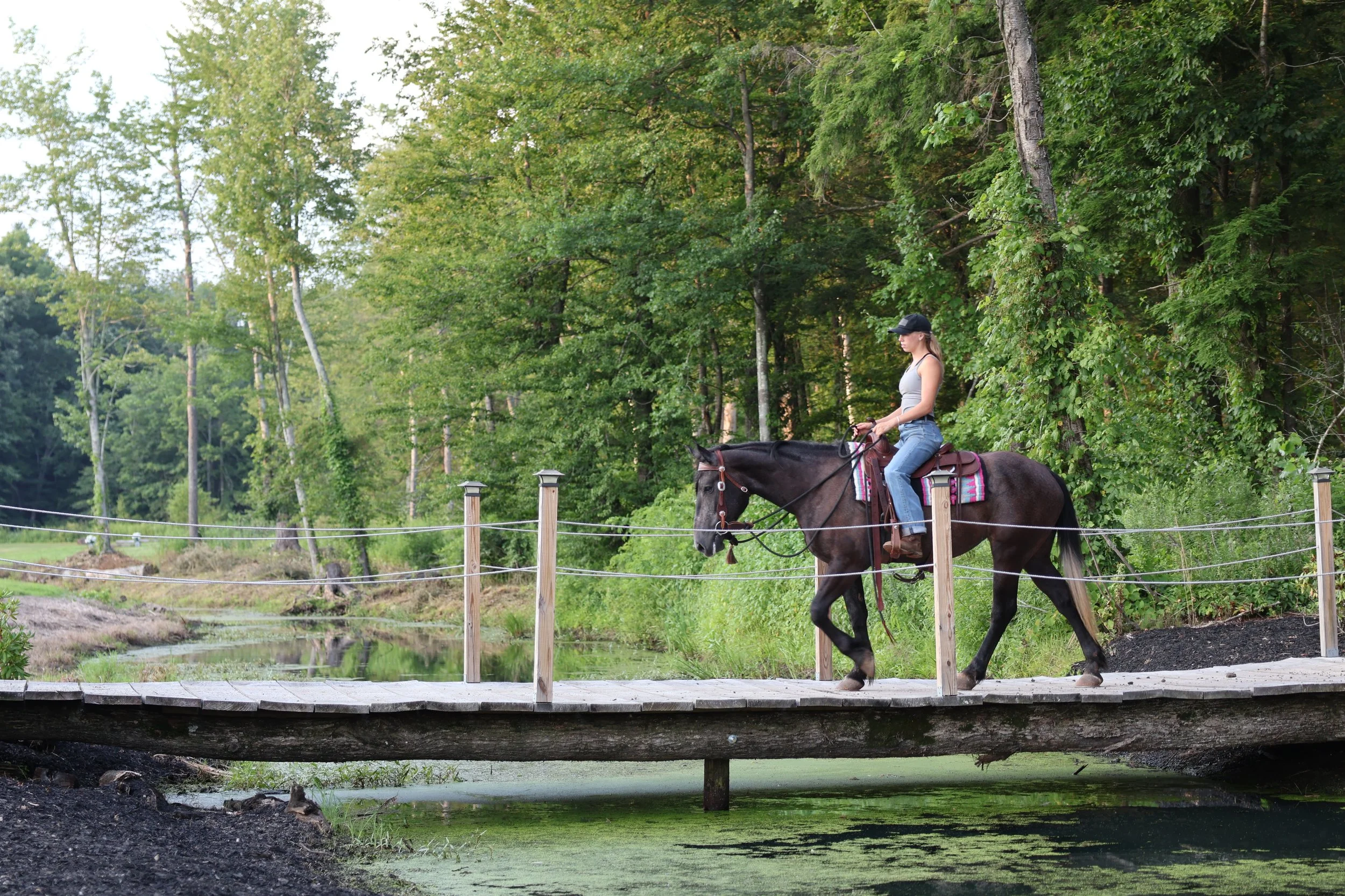 A woman riding a horse across a wooden bridge over a pond in a lush, green forested area.