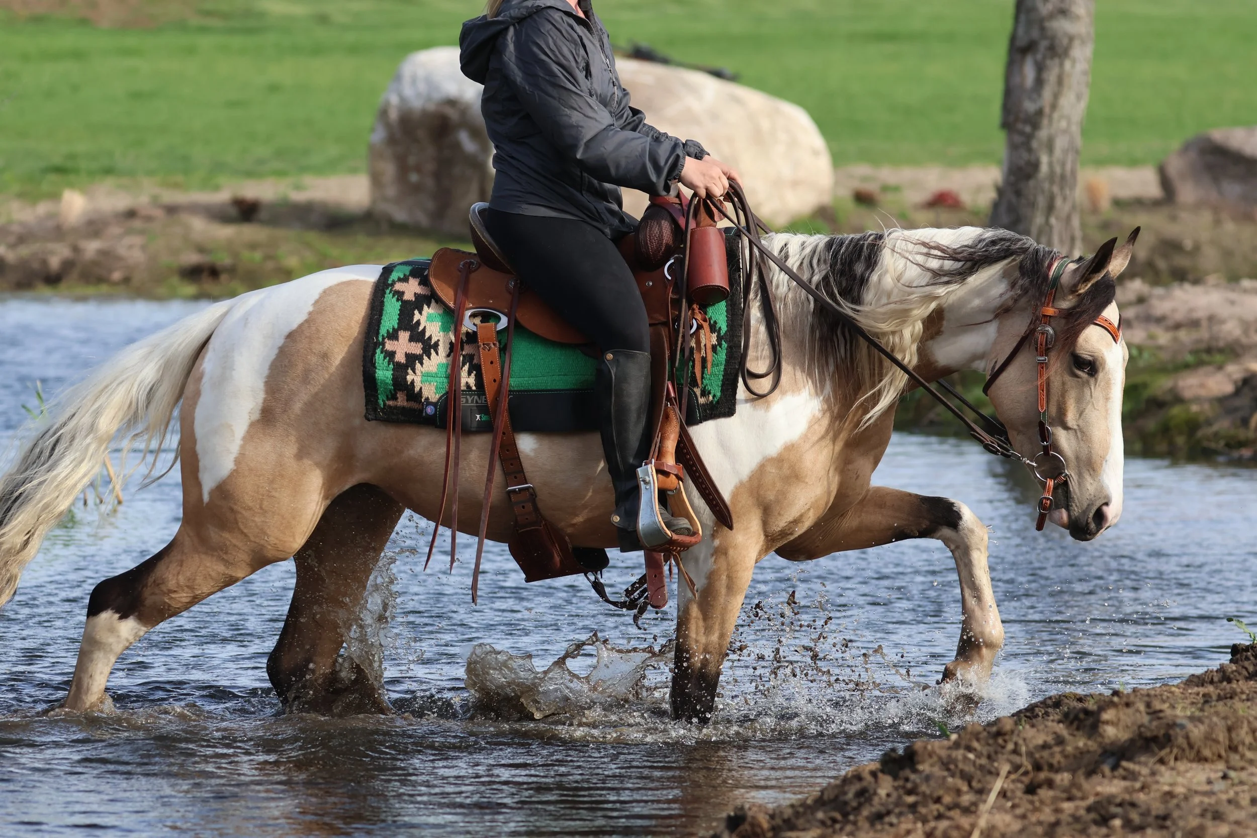 Person riding a horse through a stream, with trees and rocks in the background.
