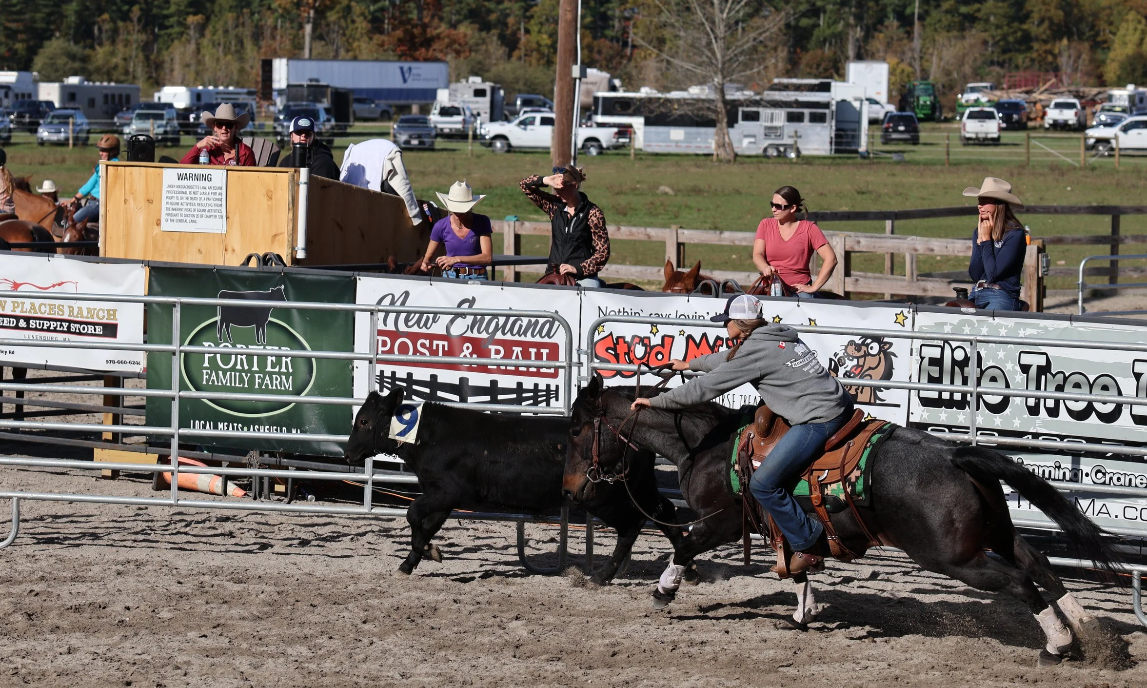 A rodeo event with a cowboy riding a bucking horse in an arena, with spectators watching behind a fence, advertisements on banners, and parked vehicles in the background.