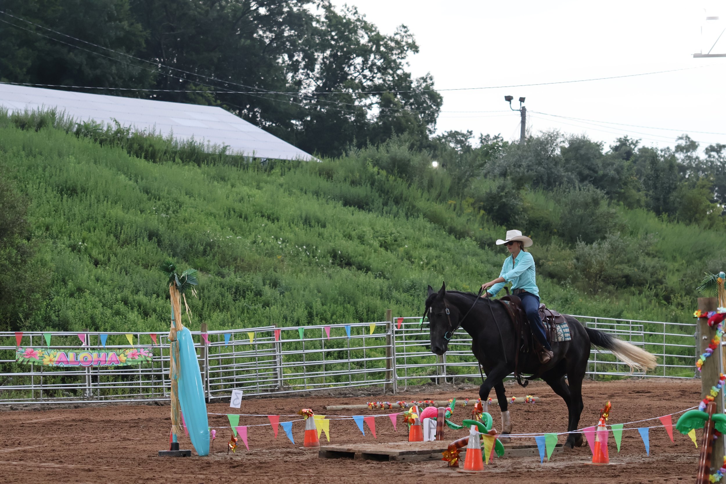 A person riding a horse in a fenced arena decorated with colorful flags and a sign reading 'Aloha'. The rider is wearing a cowboy hat and sunglasses, and the background features green trees and power lines.