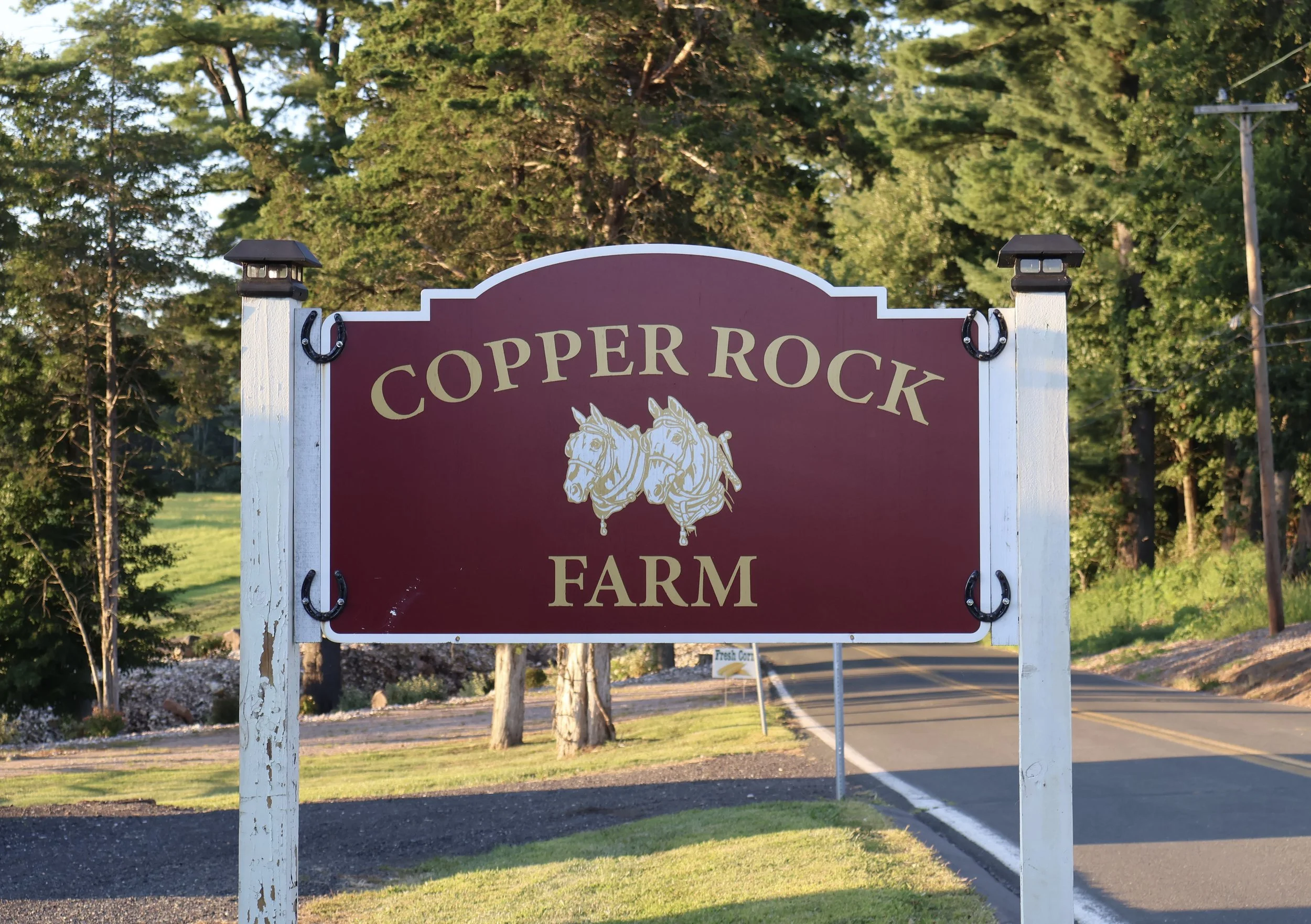 Sign for Copper Rock Farm with two horse head illustrations, located beside a road with trees and greenery in the background.