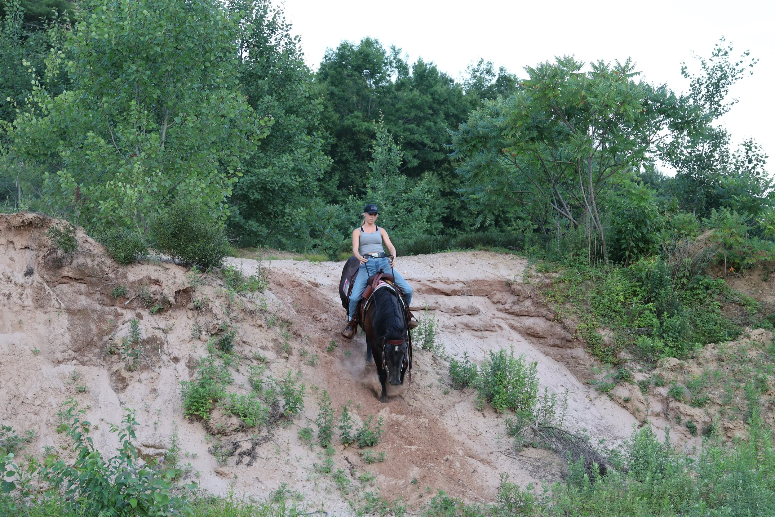 A woman riding a brown horse uphill during daytime with dense green trees in the background.