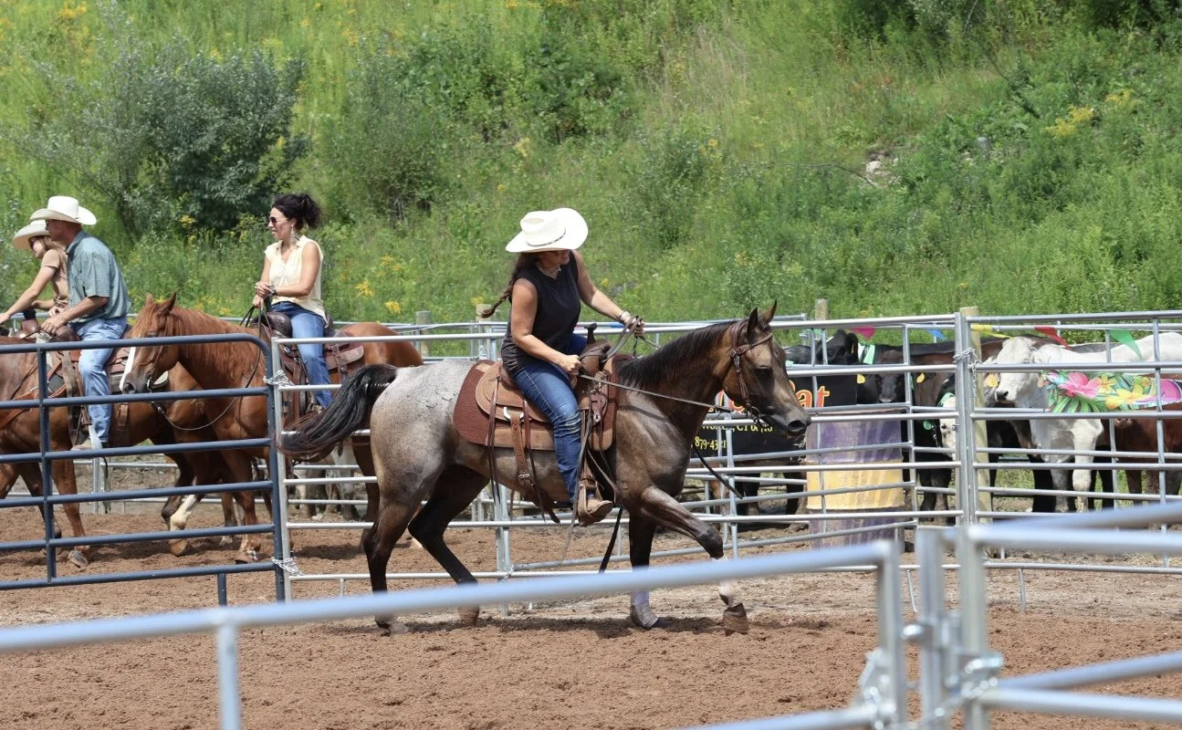 People riding horses in an outdoor corral with a grassy hillside in the background.