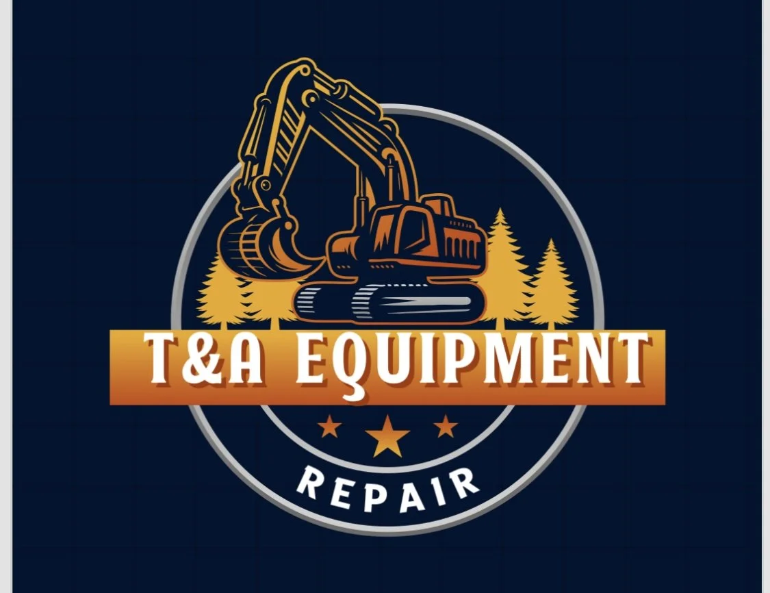 Logo for T&A Equipment Repair featuring an excavator, pine trees, and a circular design with the company name and repair label.