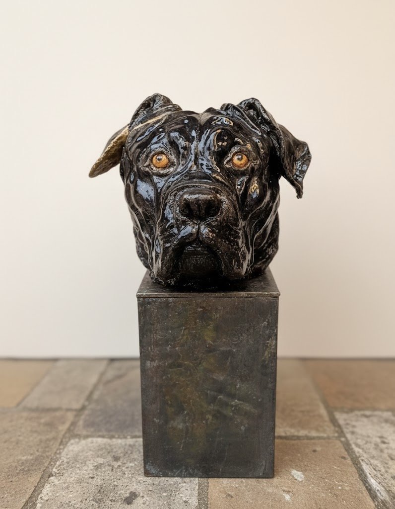 Black sculpture of a dog's head with brown eyes, mounted on a rectangular base, displayed indoors.