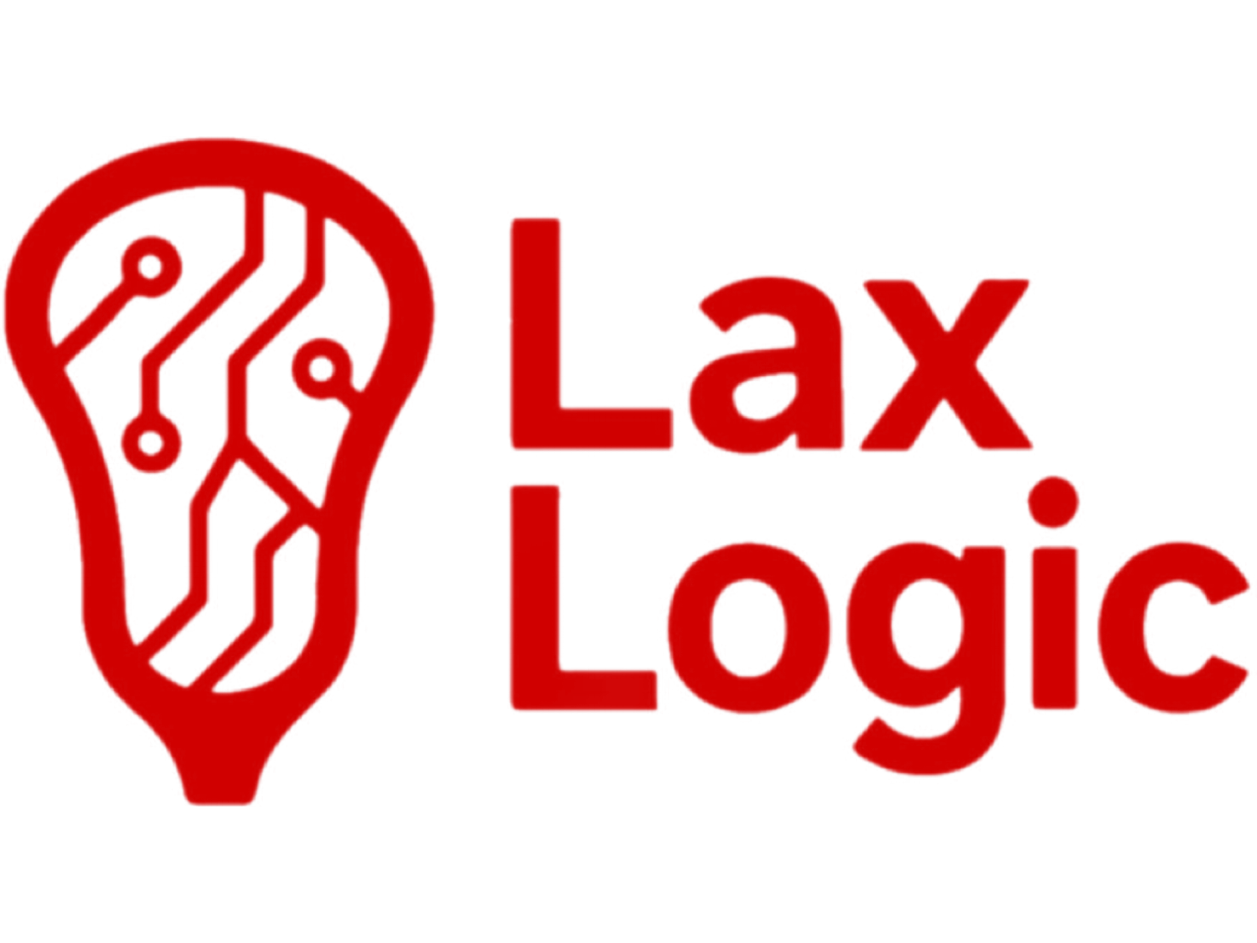 Red logo with a stylized map pin containing circuit lines next to the text 'Lax Logic' in red.