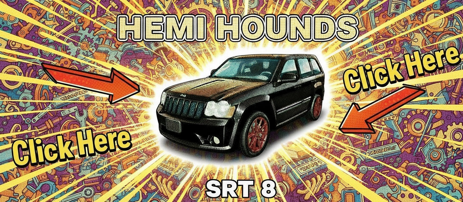 A comic-style advertisement for Hem i Hounds featuring an animated black SUV with red rims, surrounded by colorful gear and machine illustrations, with bright yellow rays emanating from the vehicle and bold text saying 'HEMI HOUNDS' and 'Click Here' pointing to the left and right.