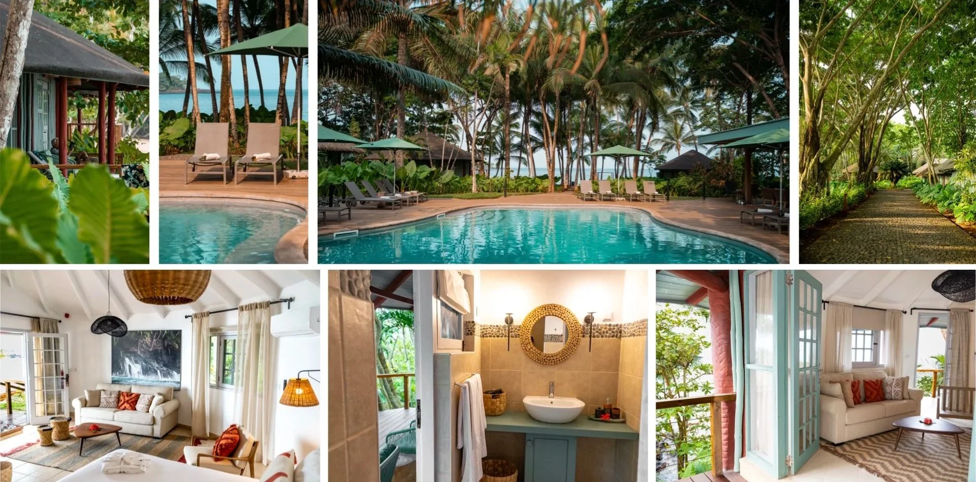 Collage of images showing a tropical resort with a swimming pool surrounded by palm trees, a lush garden path, and interior of a cozy, bright living room with white furniture and ocean views.