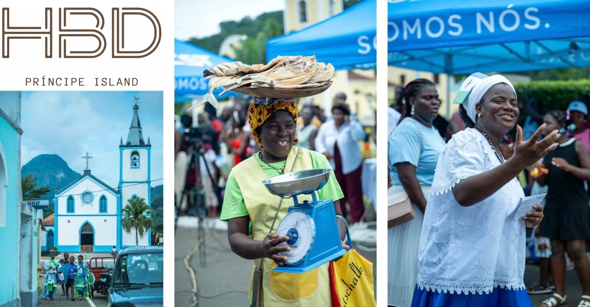 A collage of three images featuring Prince Island in Cape Verde. The first image shows a blue and white church with a mountain in the background and a group of children in colorful costumes. The second image depicts a woman smiling while balancing fish on her head and weighing produce on a vintage scale. The third image is a woman in white attire speaking to a crowd under a blue tent.