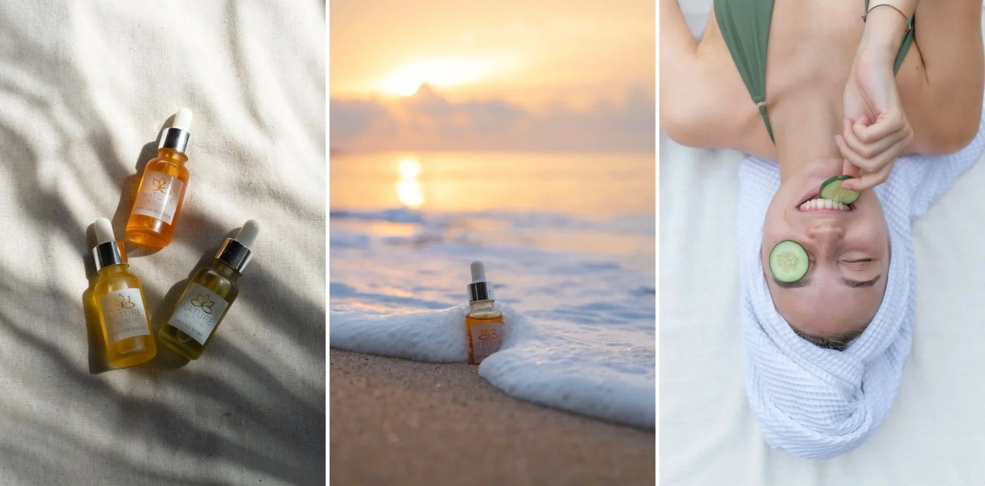 Three bottles of facial serum on a white fabric, a sunset over the ocean with a small bottle of serum on the sand, and a woman lying on a bed with cucumber slices on her eyes and a smile, holding a cucumber slice to her lips.