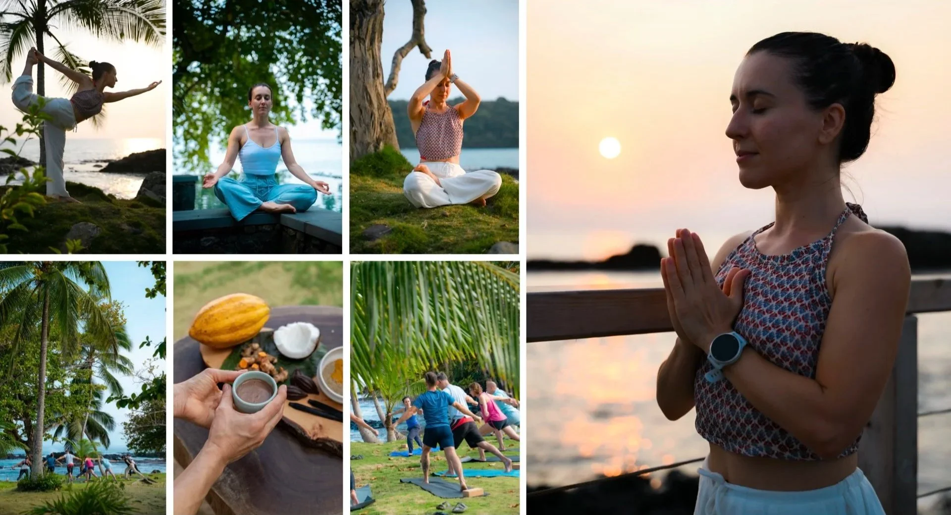 A collage of images showing women practicing yoga outdoors near the beach, participating in meditation, group yoga, and outdoor fitness activities during sunset and daytime in a tropical setting with palm trees, grassy areas, and ocean views.