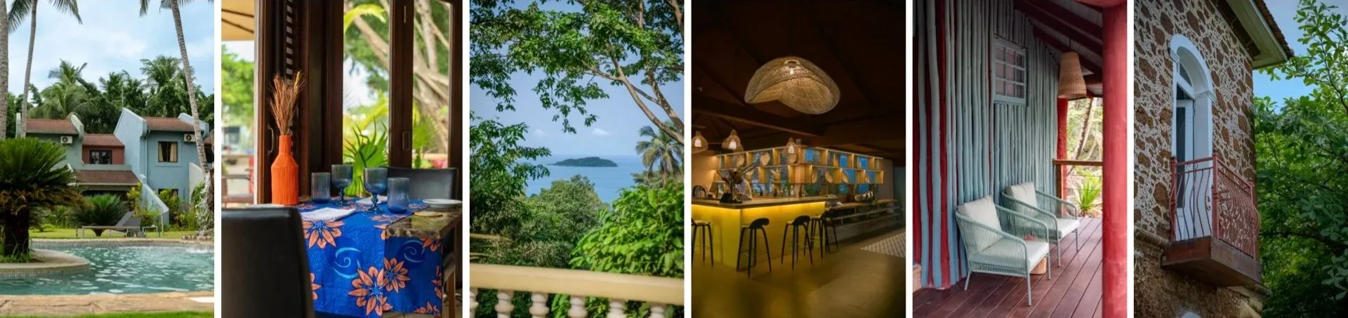 A collage of six images showing a tropical resort. The first image shows a swimming pool with palm trees and modern buildings in the background. The second image depicts a dining table with a blue floral tablecloth inside a lush, green setting. The third image features a view of dense greenery and a body of water, such as a lake or the ocean, in the distance. The fourth image shows a cozy bar area with warm lighting, decorative bottles, and black stools. The fifth image displays a balcony with two white chairs, striped curtains, and greenery outside. The sixth image shows a rustic stone building with a small balcony and green trees surrounding it.