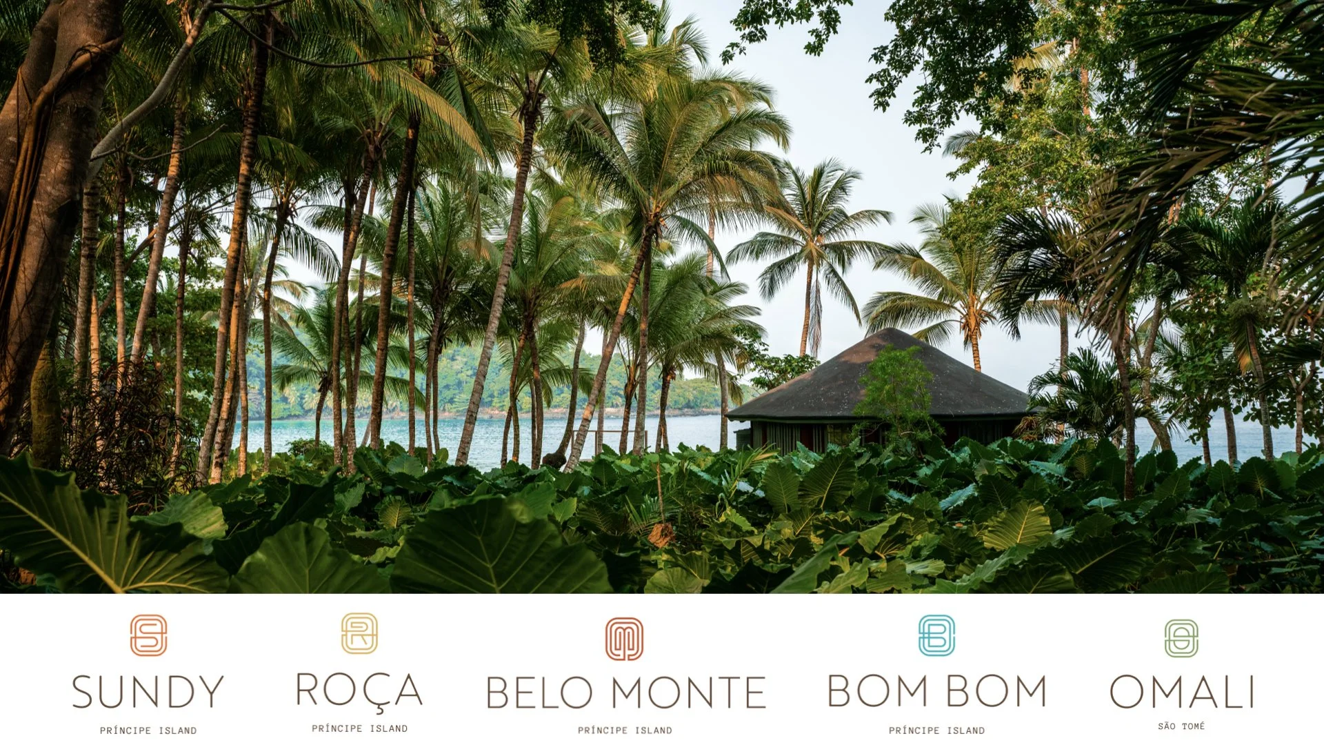 Tropical scene with lush green plants, tall palm trees, and a small thatched-roof hut by a body of water, with a clear sky in the background.