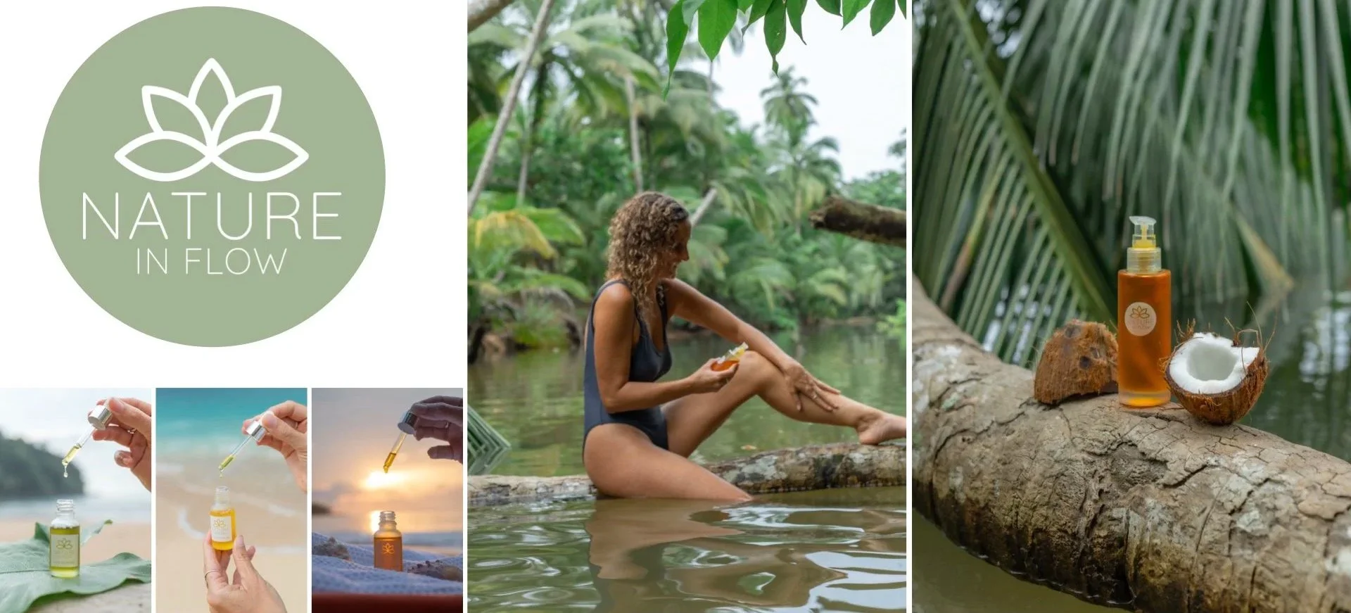 A collage of images promoting natural skincare products by Nature in Flow. The collage includes a logo with a lotus flower and the brand name, a woman sitting in a river surrounded by lush greenery enjoying a snack, a small amber bottle with a dropper, and a pump bottle with a coconut in the background.