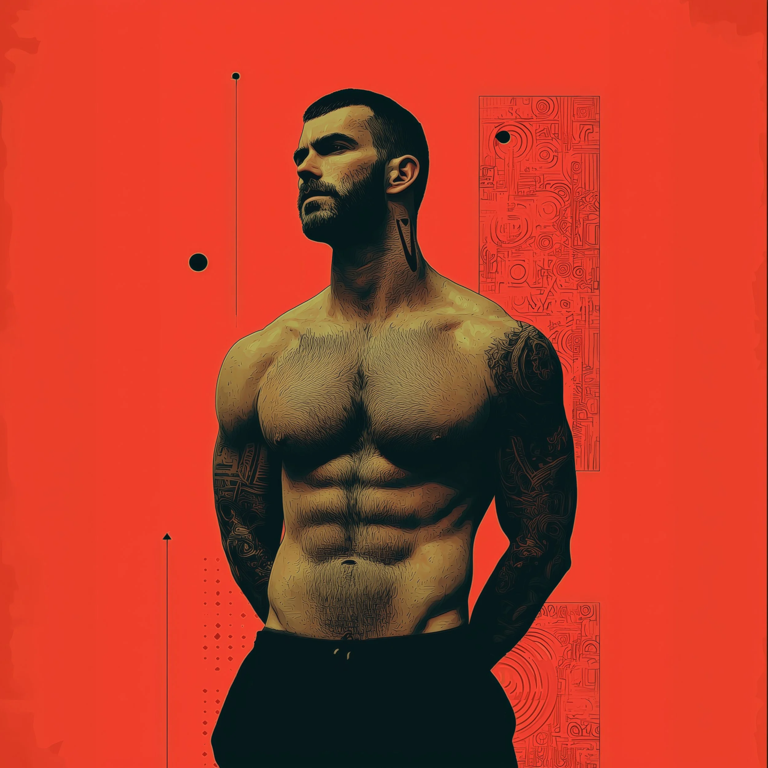 Digital art of a handsome man standing against a modern red background with shapes
