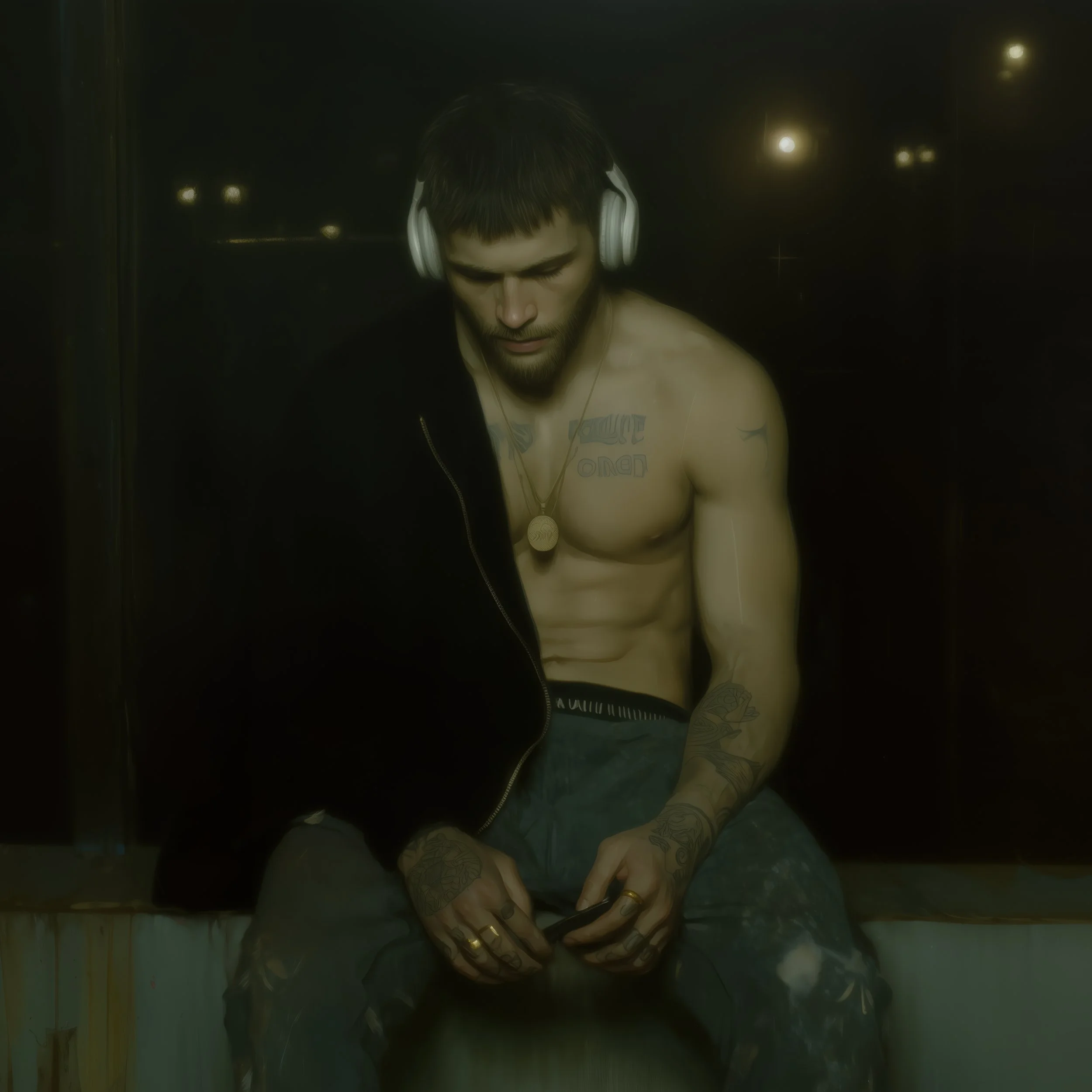 A shirtless man with tattoos, wearing headphones, sitting with his head bowed, holding a phone.