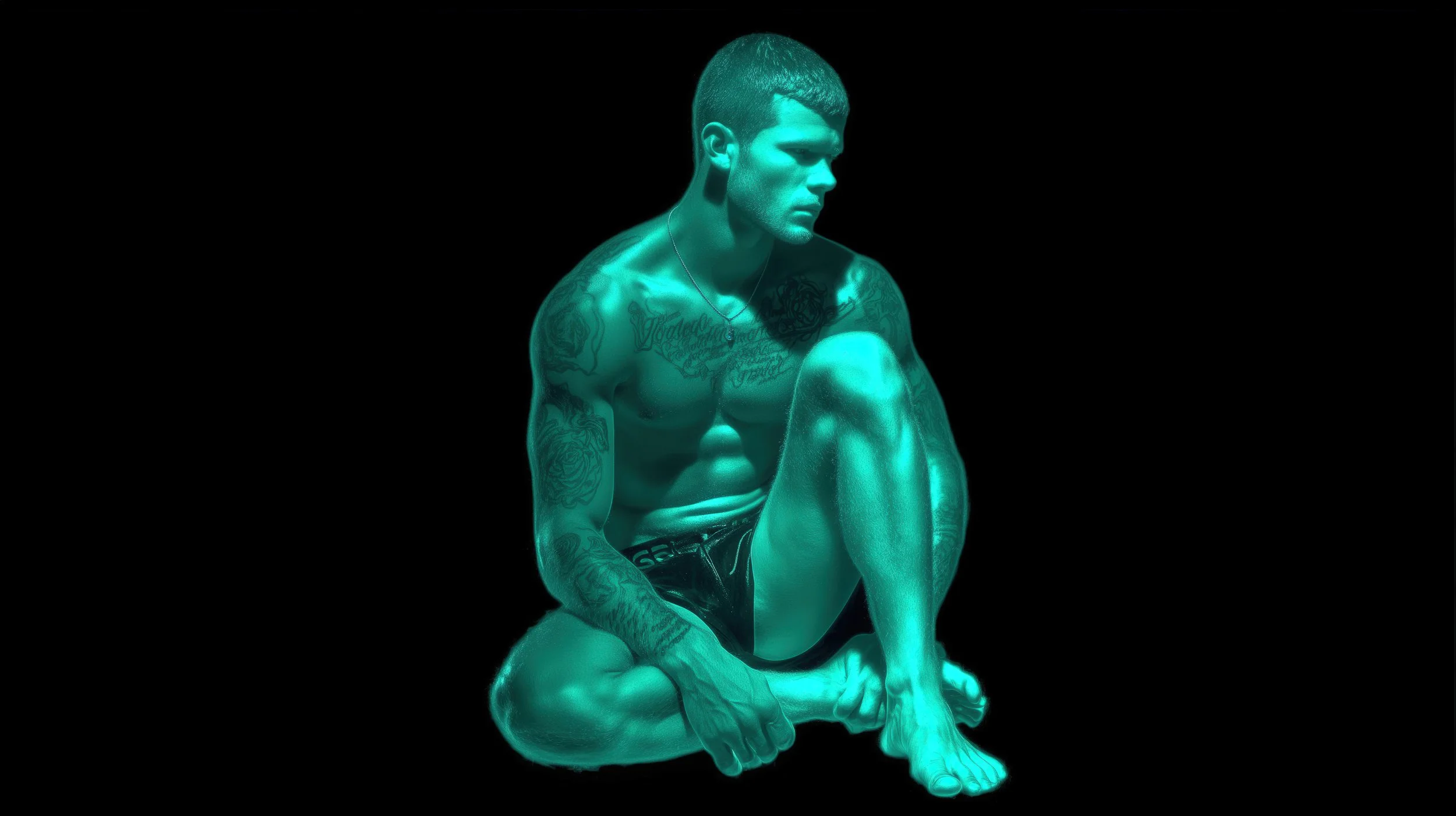 Dirt & Divine male art of a handsome, athletic, rugged man with tattoos on a black background. Jade colours