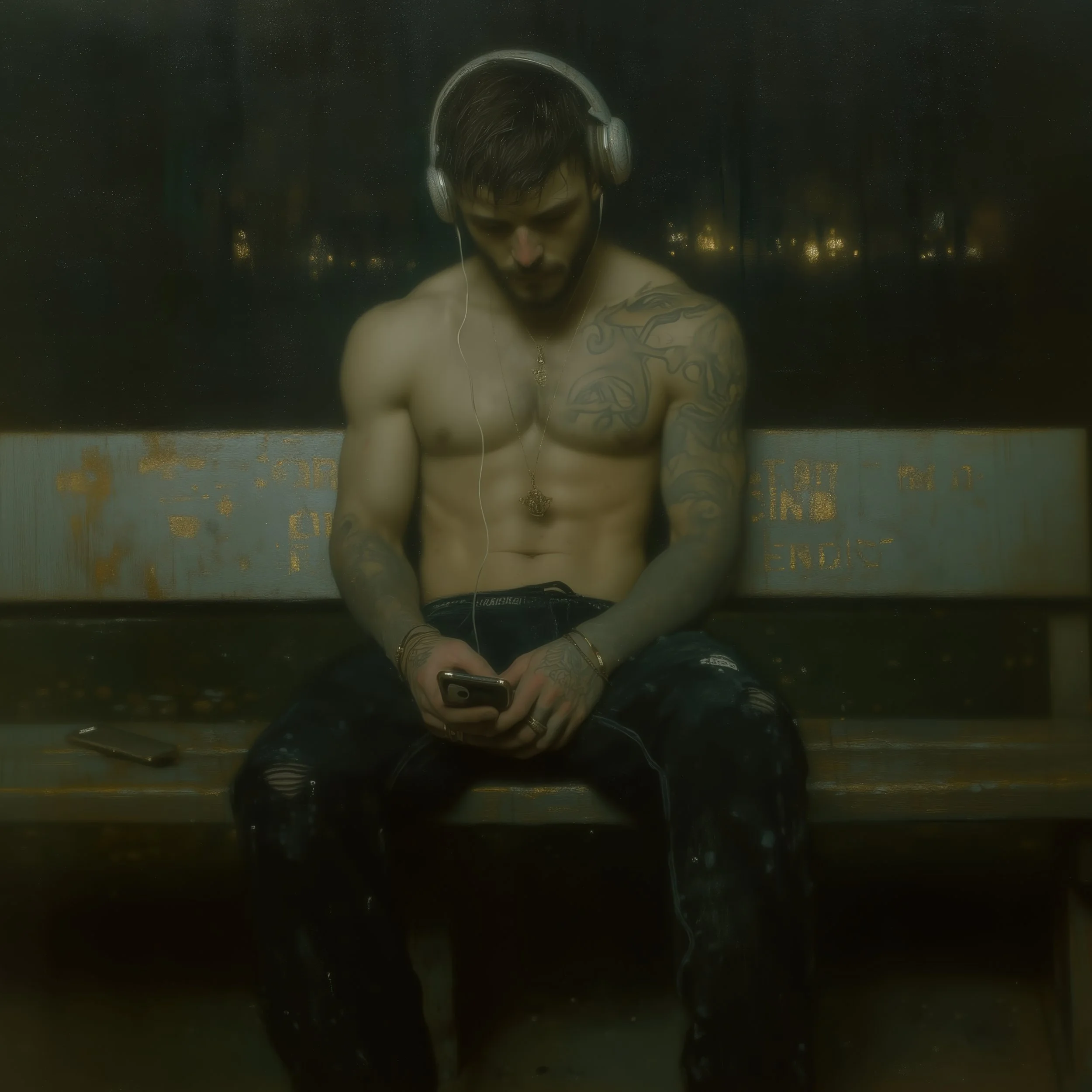 SOLITUDE 001 — Dirt & Divine masculine portrait, figure with headphones on dark bench alt2