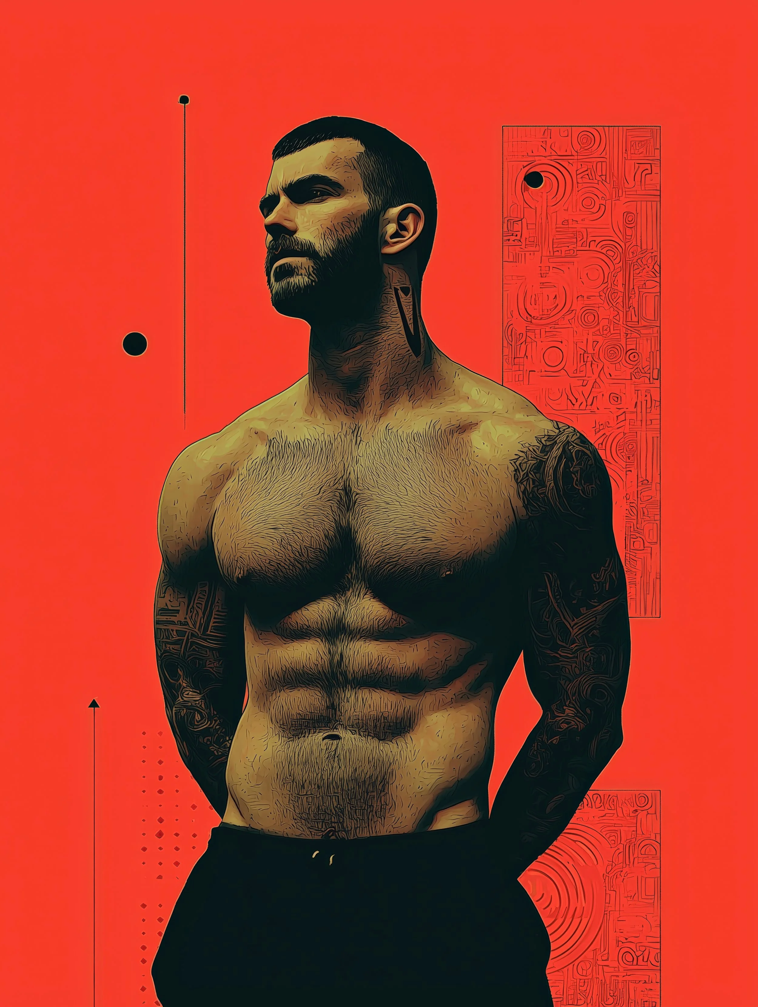 Digital art of a handsome man standing against a modern red background with shapes