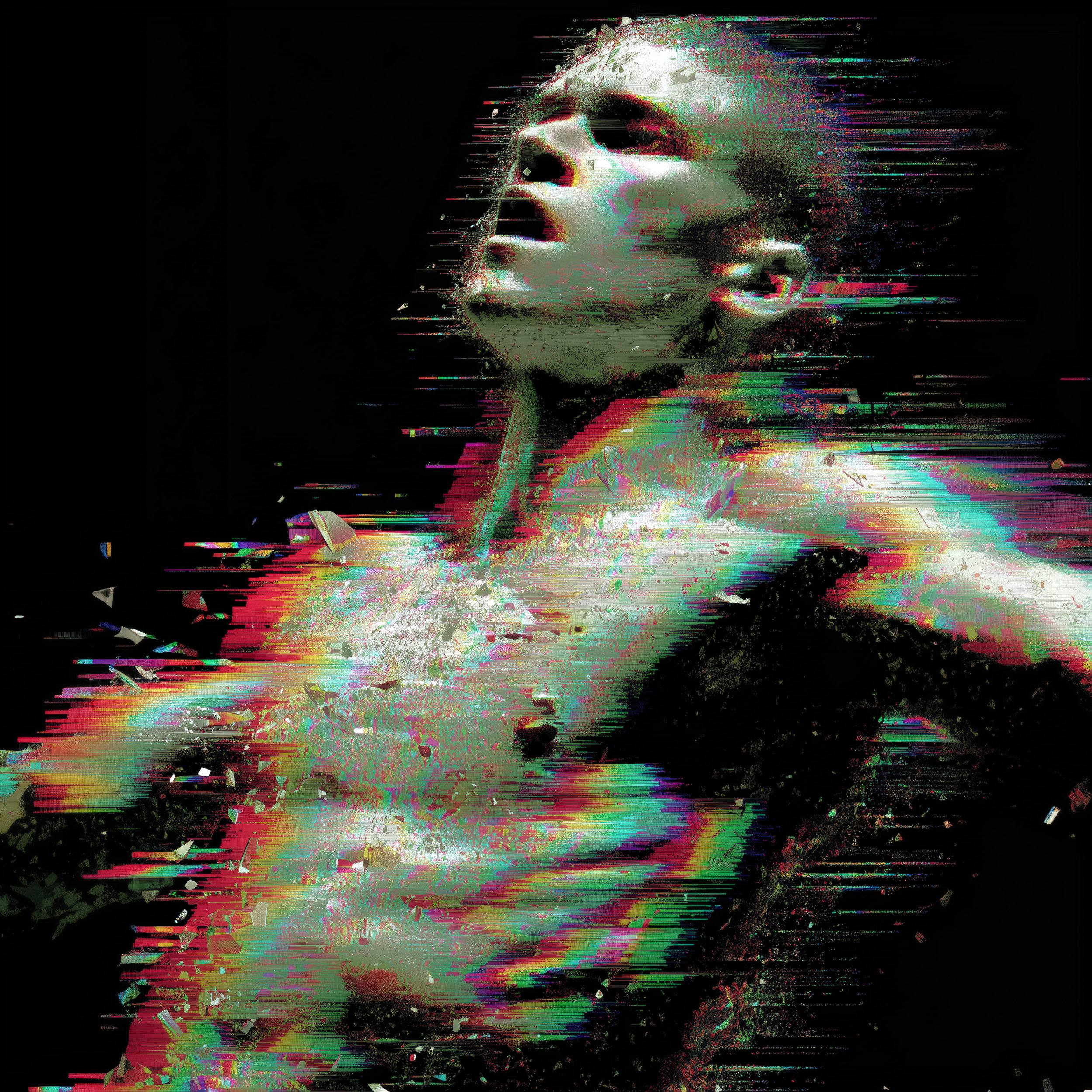 A digital artwork of a handsome man in a dramatic pose, with a glitch effect and colorful distortion, set against a black background.