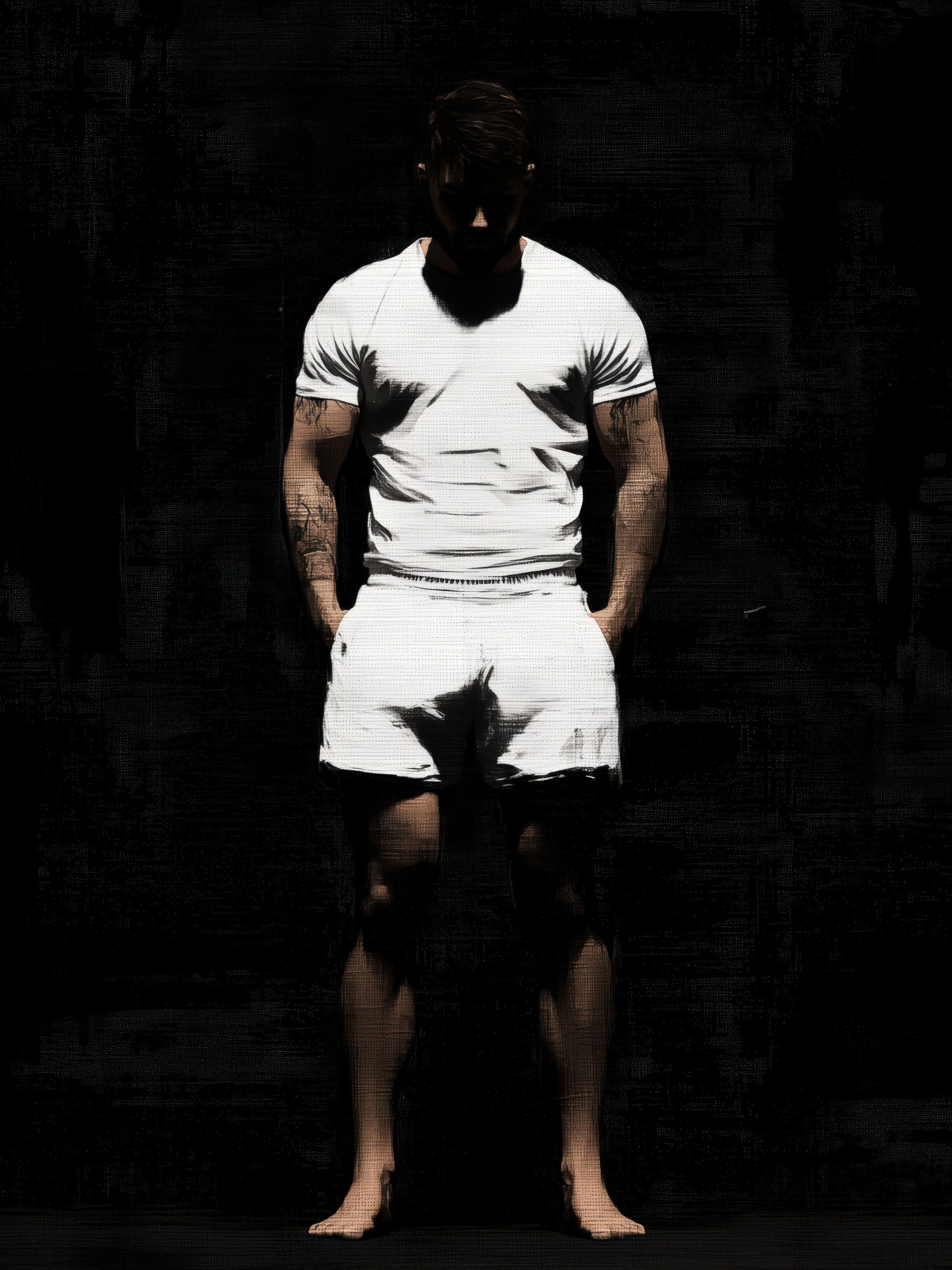 SHADOW 001 — Dirt & Divine masculine body study, dark sculptural shadow portrait alt 2