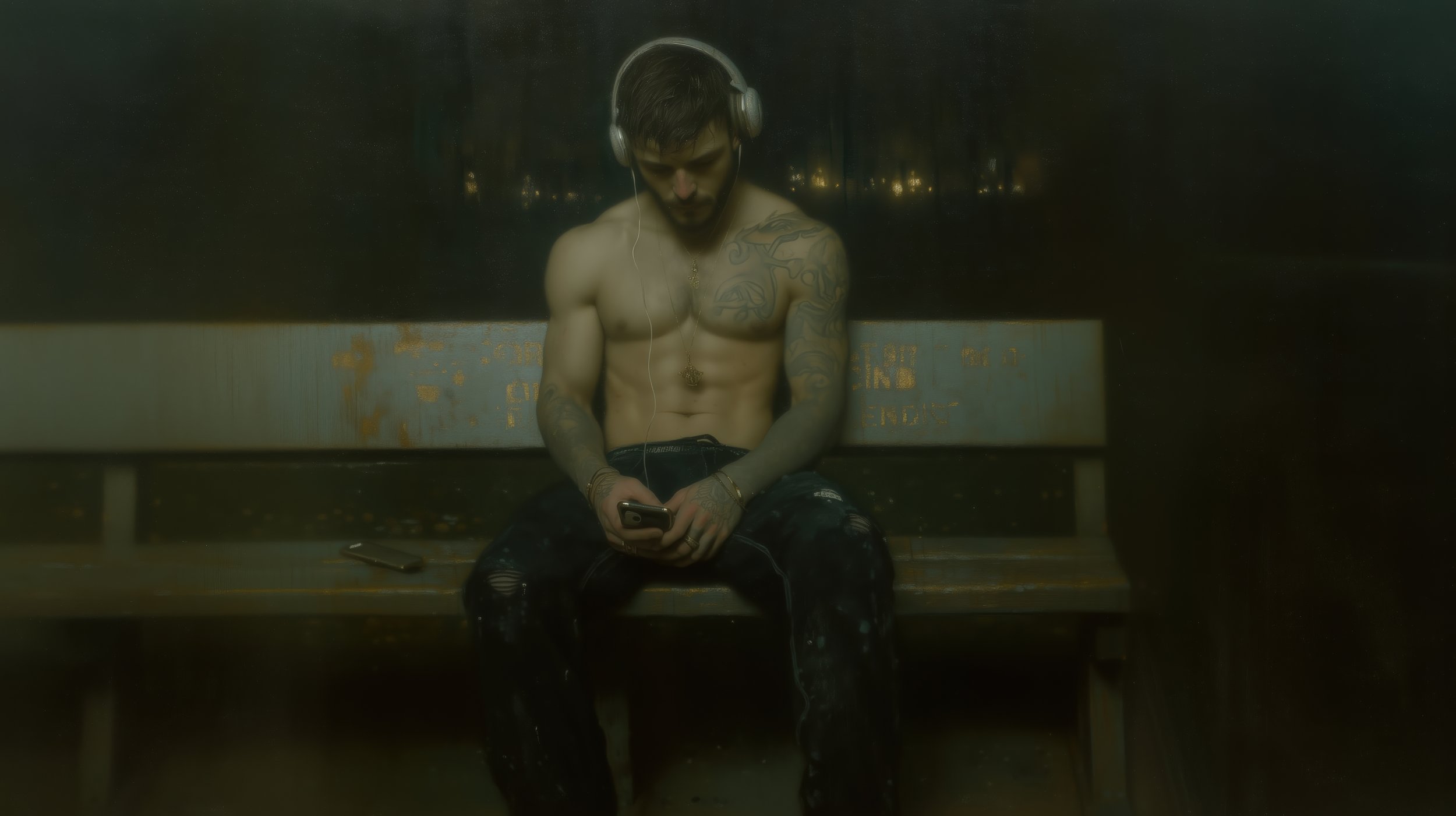 SOLITUDE 001 — Dirt & Divine masculine portrait, figure with headphones on dark bench