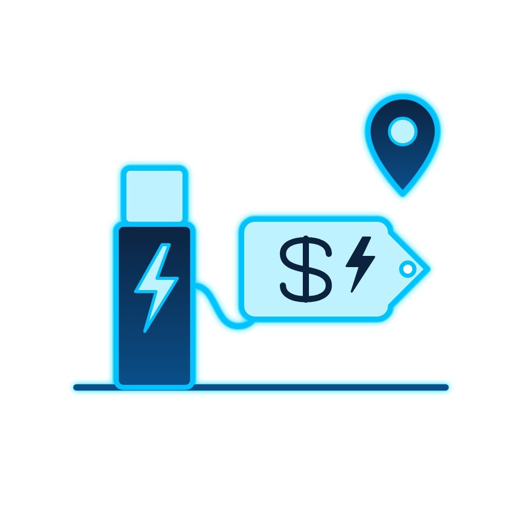 Glowing blue line-art EV charger connected to a rebate tag with a dollar sign and lightning bolt, with a map pin above.