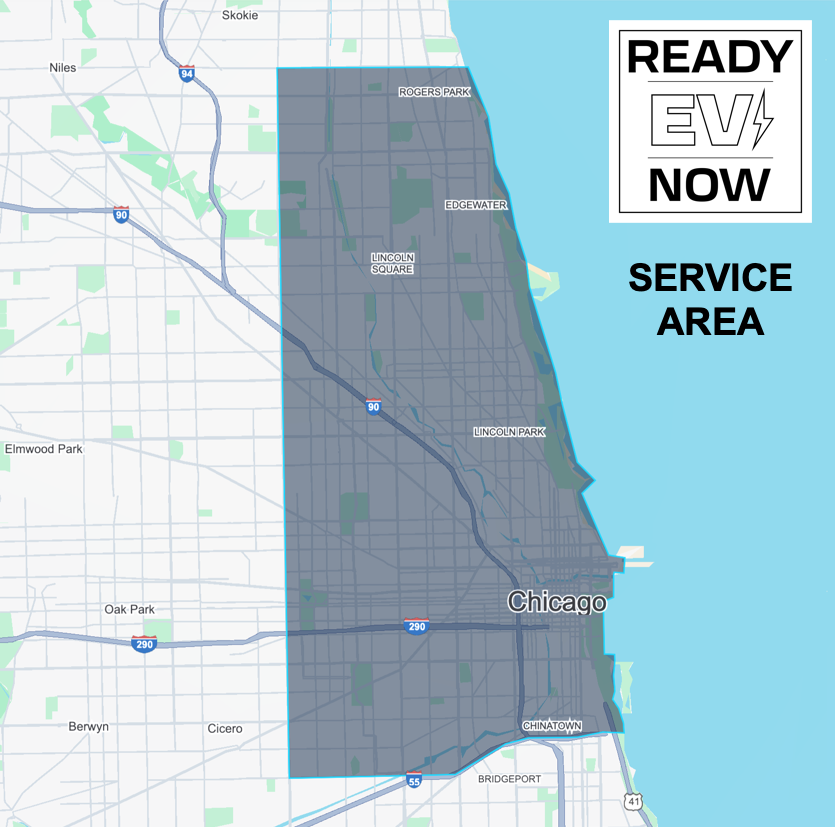 Ready EV Now service area map covering Chicago and surrounding neighborhoods