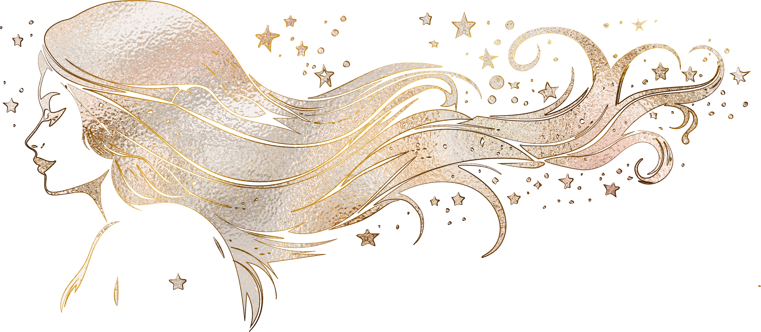 Stylized illustration of a woman's face in profile with flowing hair, decorated with stars and circuit-like lines.