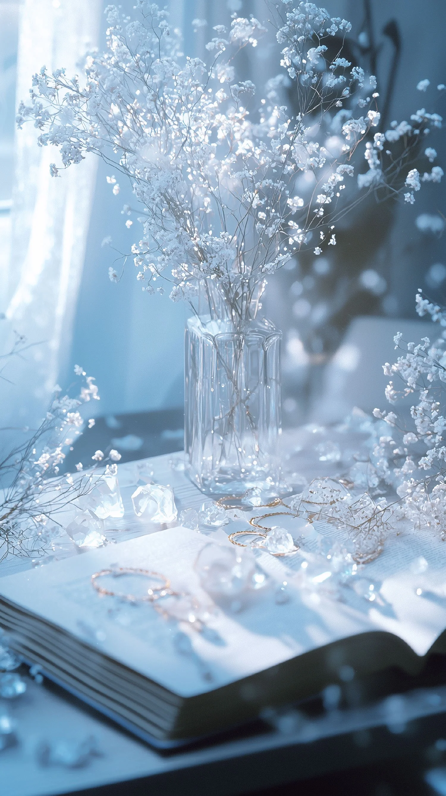 A clear glass vase with white baby's breath flowers sits on an open book, with jewelry and glass crystals scattered on the pages. Sunlight filters through a window with lace curtains, creating a soft, dreamy atmosphere.