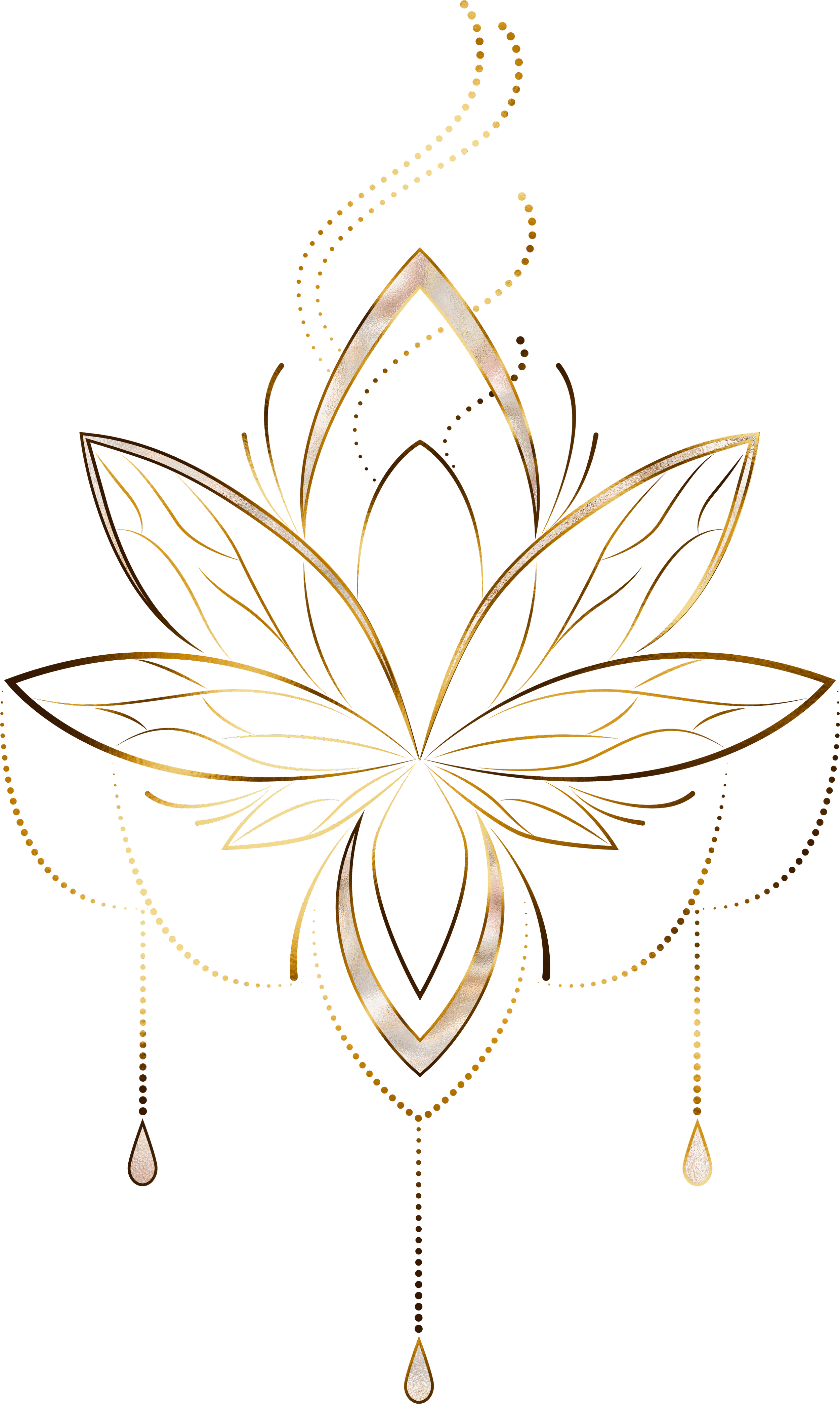 Gold and white abstract floral or lotus design with dotted accents and hanging jewel-like drops on a black background.