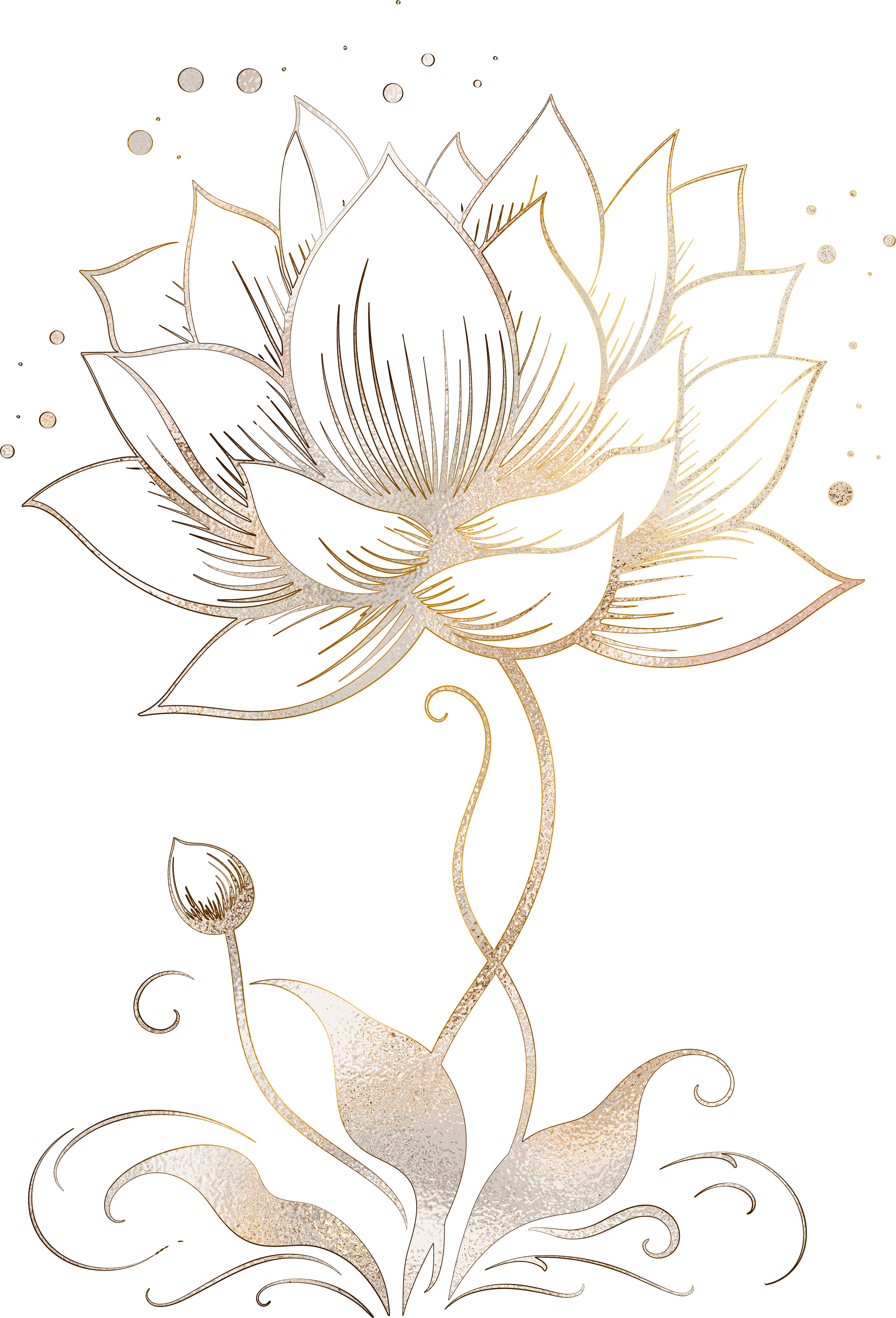 A decorative golden and silver outline of a lotus flower with swirling leaves and smaller buds on a brown background.