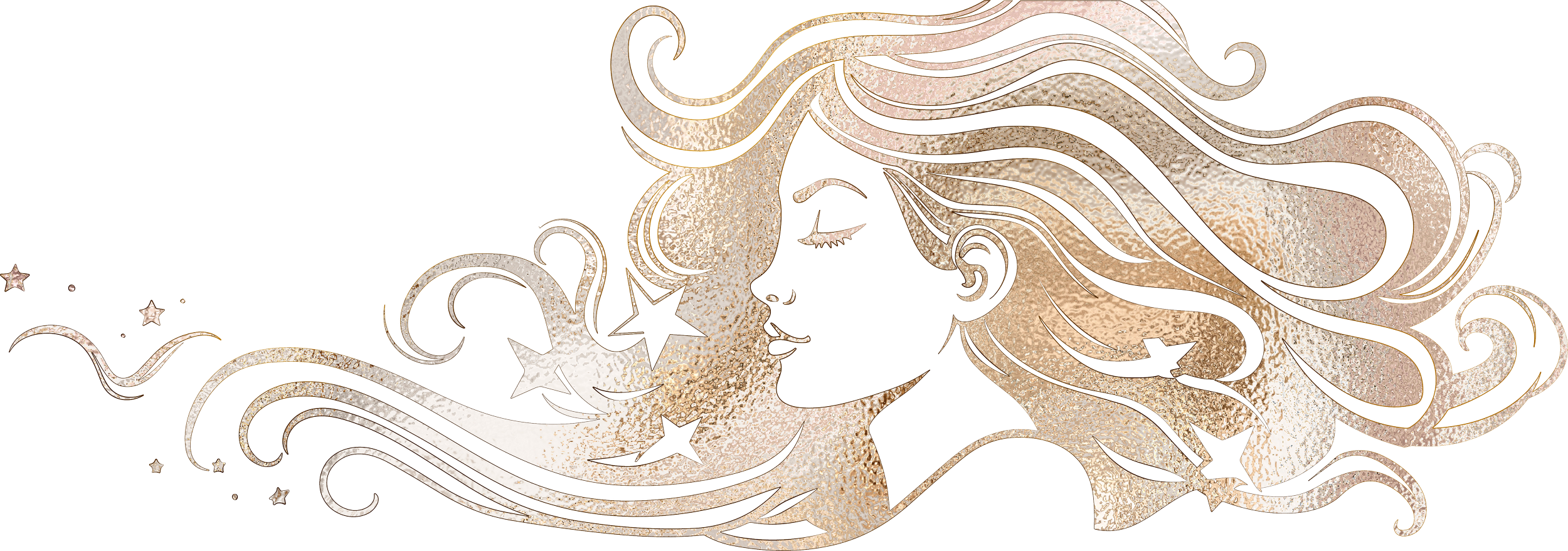 Illustration of two women's profiles facing each other with long flowing hair decorated with stars and celestial elements, rendered in a glittery gold and silver style.