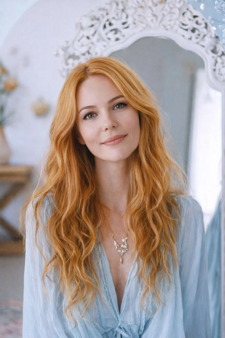 A woman with long, wavy red hair smiling while looking at the camera, sitting in front of an ornate mirror in a softly lit room.