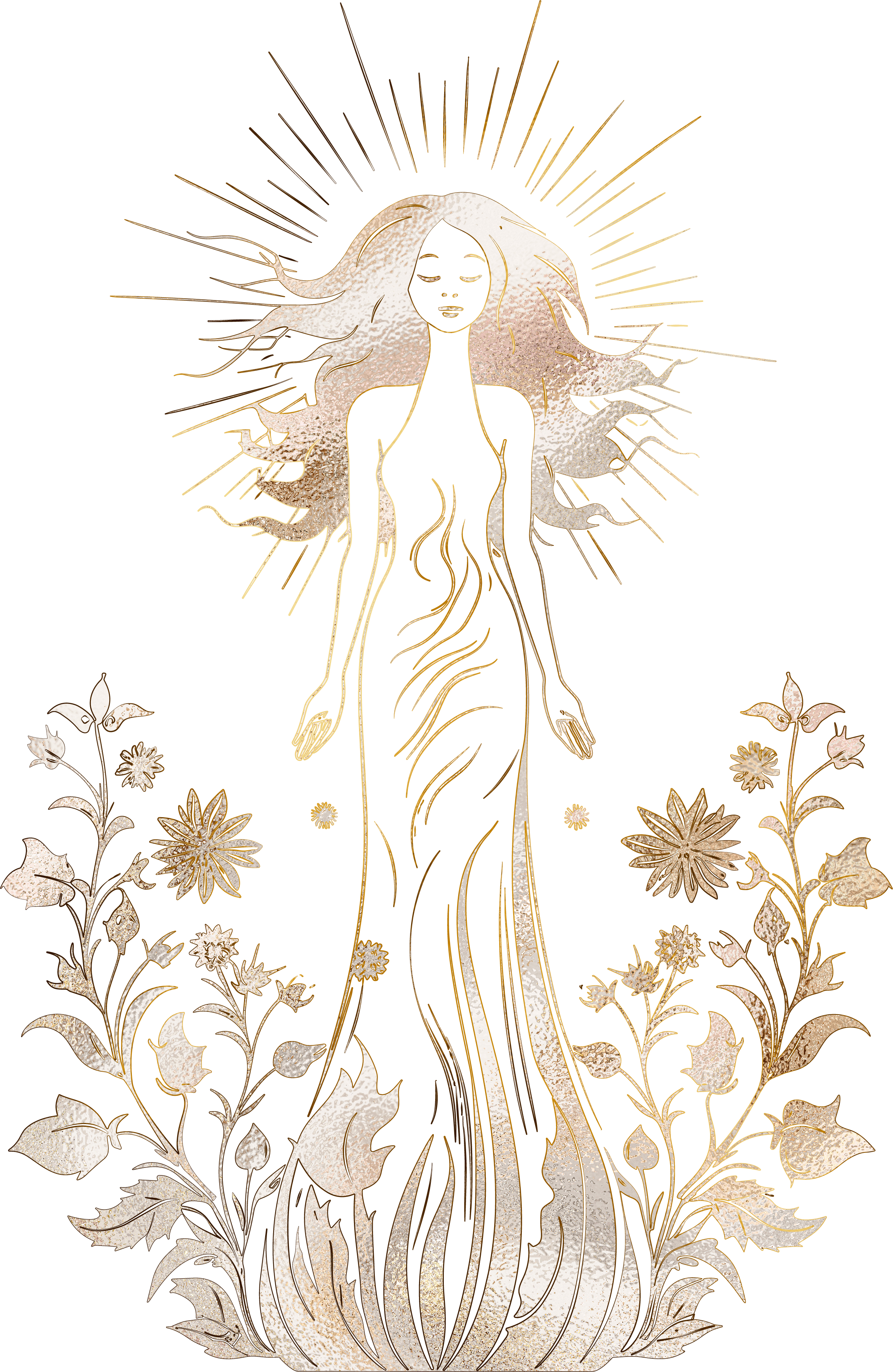 Gold illustration of a woman with long flowing hair, flowers, and a bird, resembling a goddess or mythological figure.